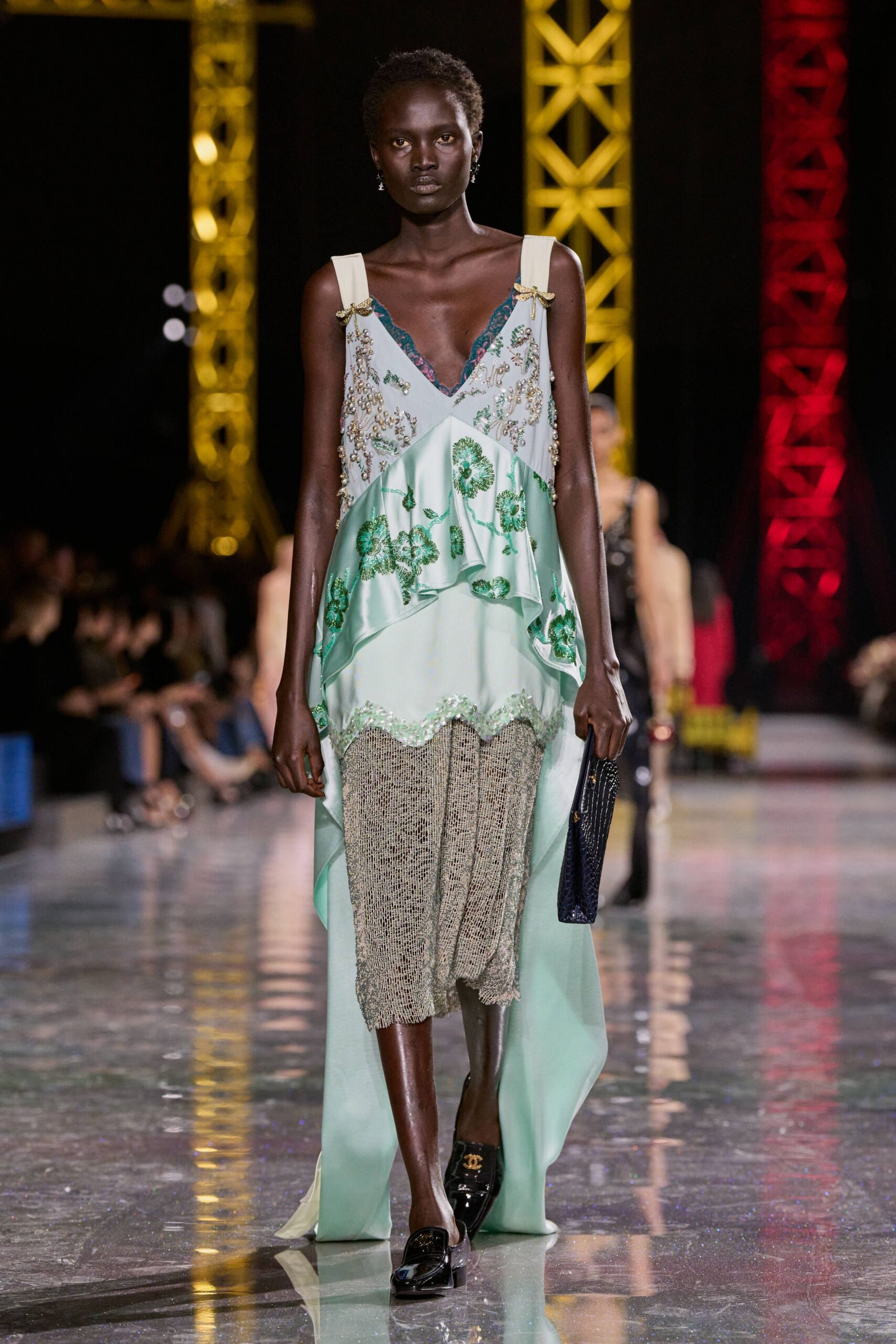 green silk sleeveless v-neck fitted embroidered layered dress