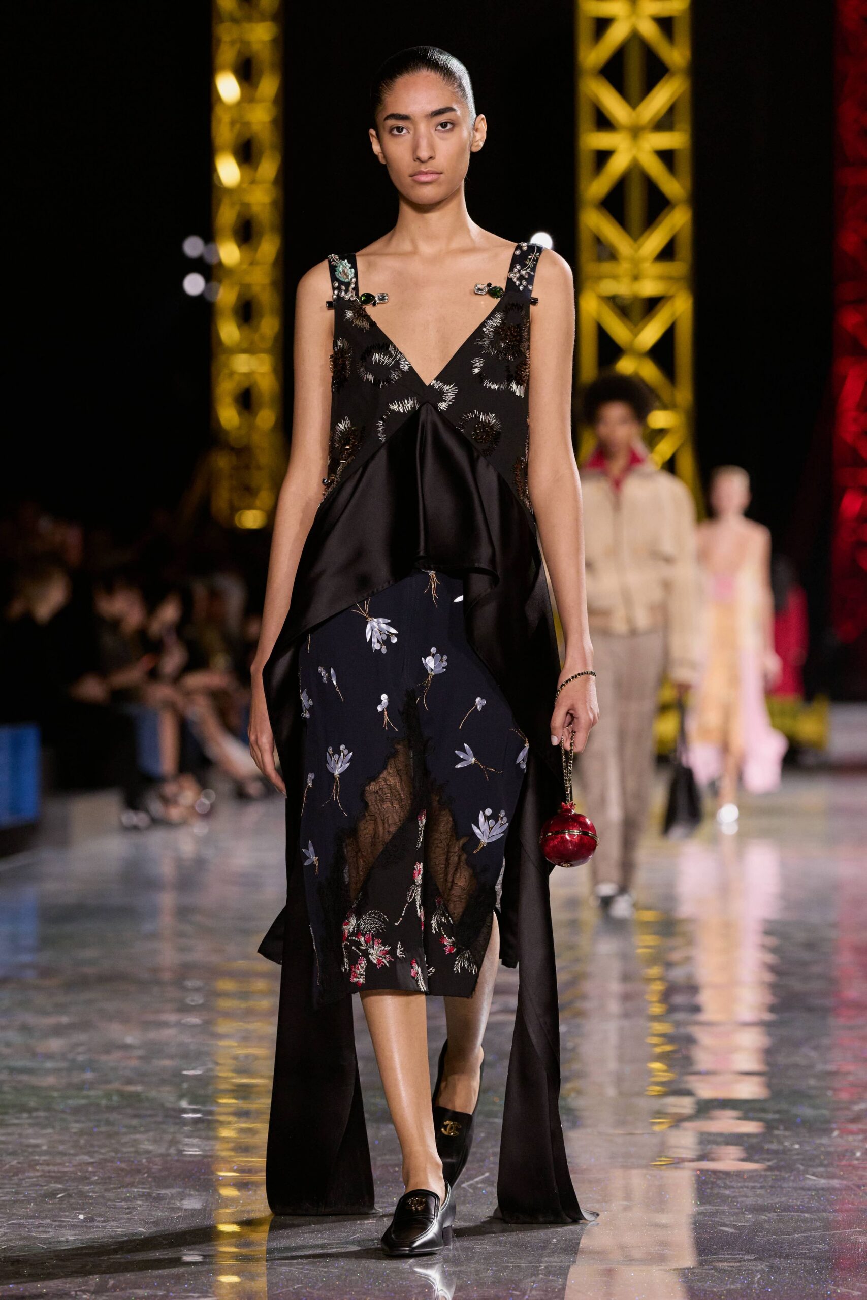 black silk sleeveless v-neck fitted layered flared dress