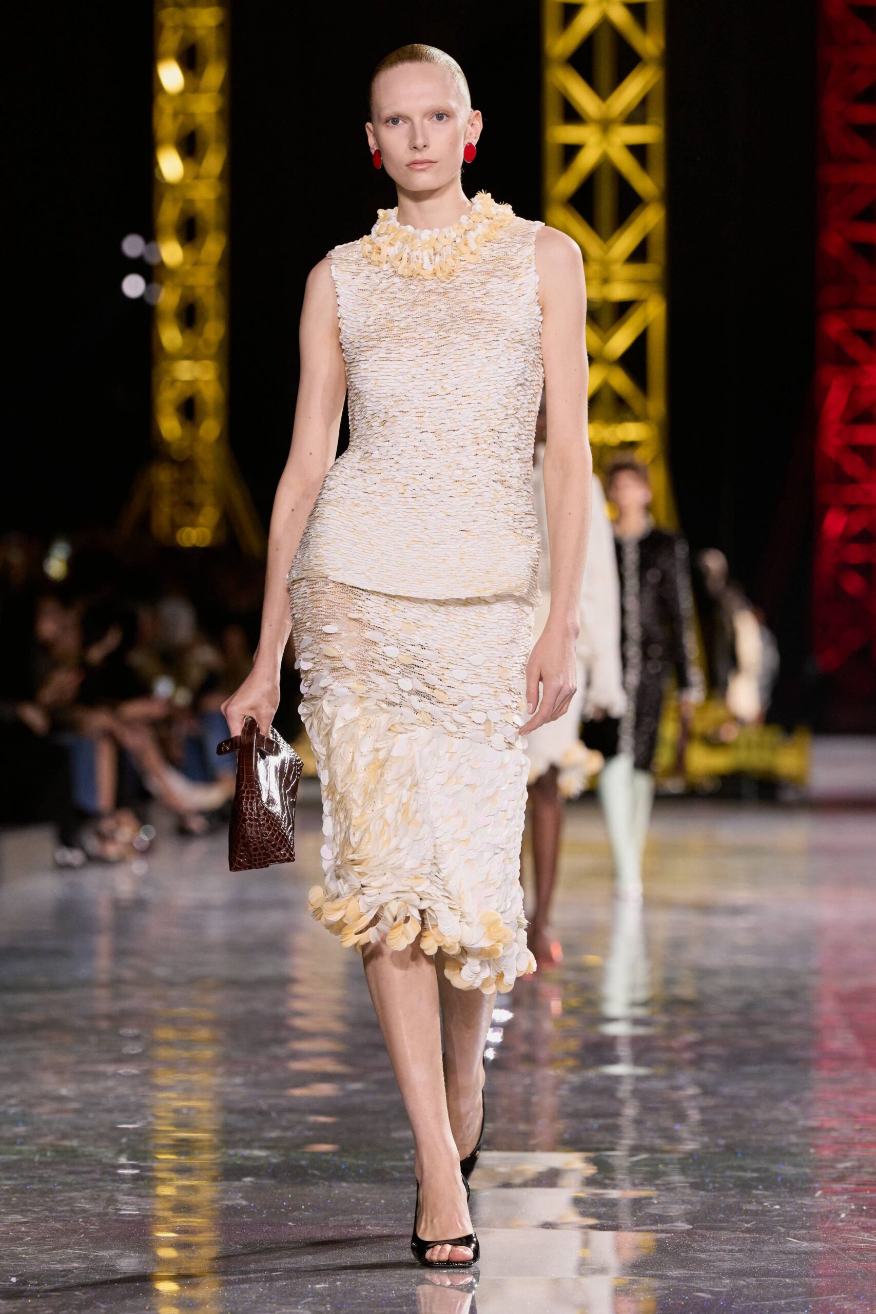 white silk sleeveless high-neck fitted ruffled layered dress