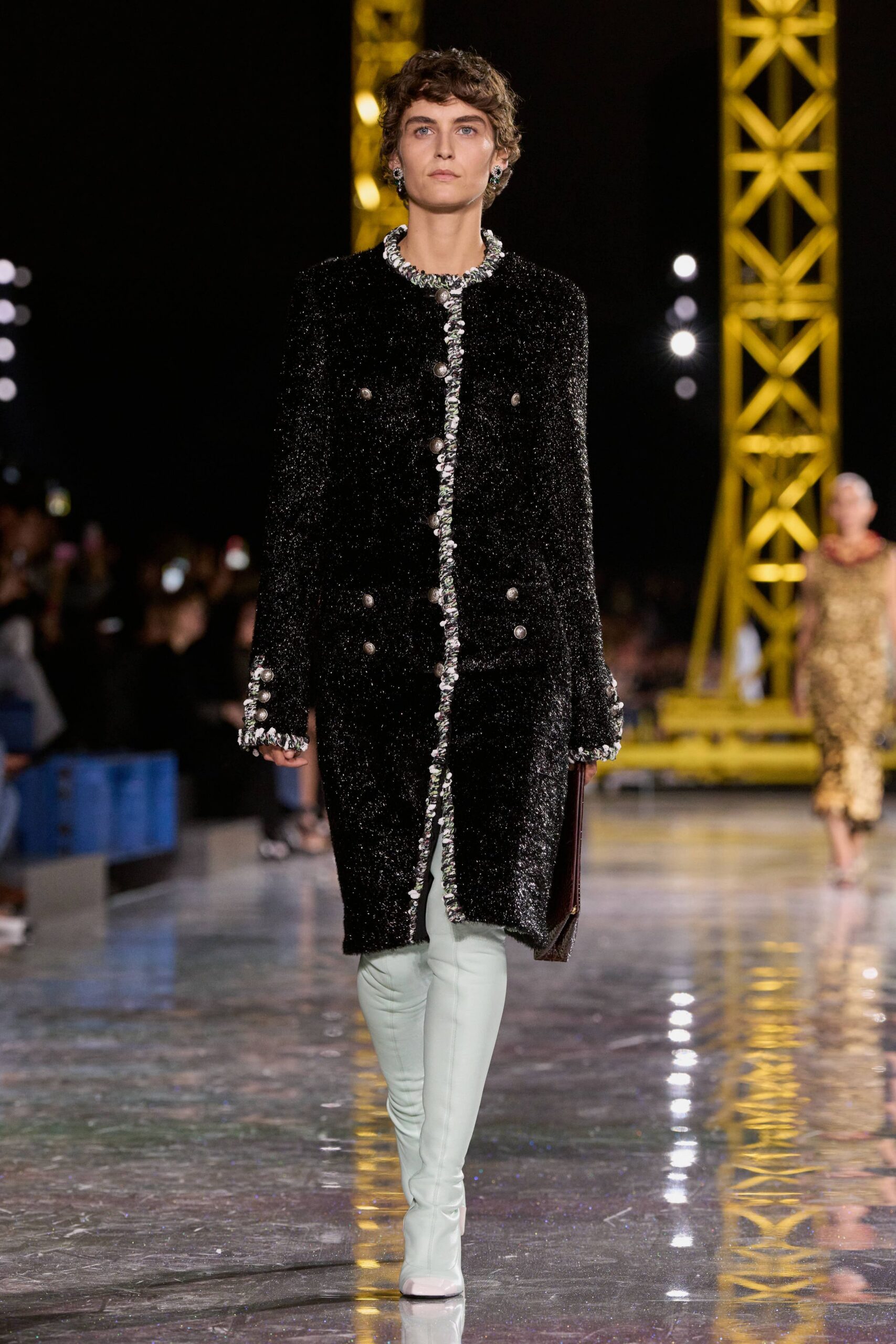 black silk long-sleeve collared fitted buttoned embellished coat