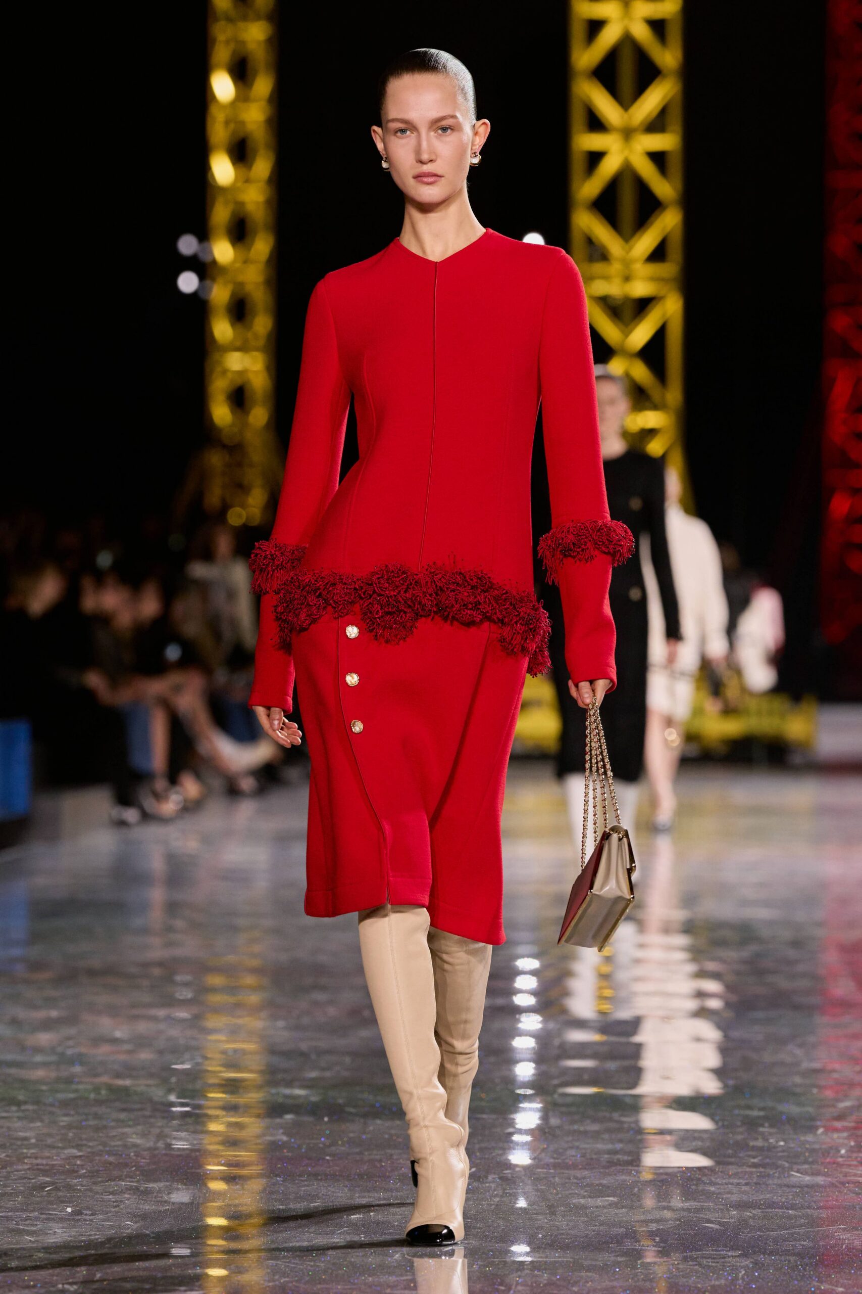 red cotton long-sleeve collared fitted buttoned ruffled dress