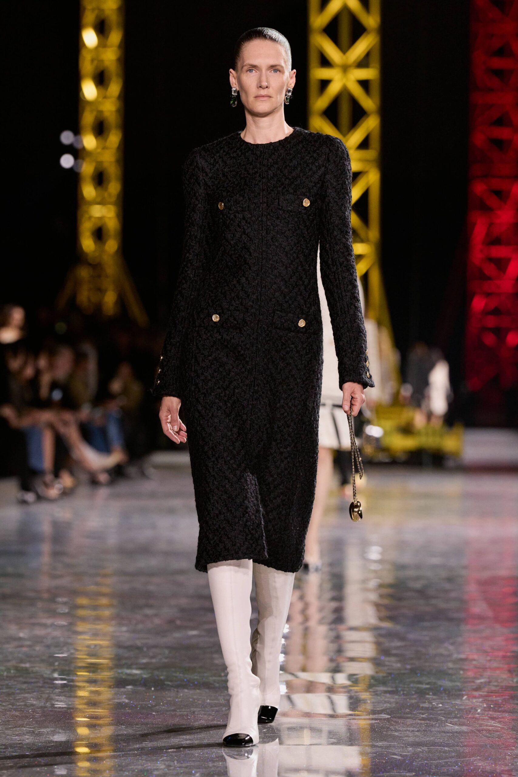 black cotton long-sleeve collared fitted buttoned midi dress