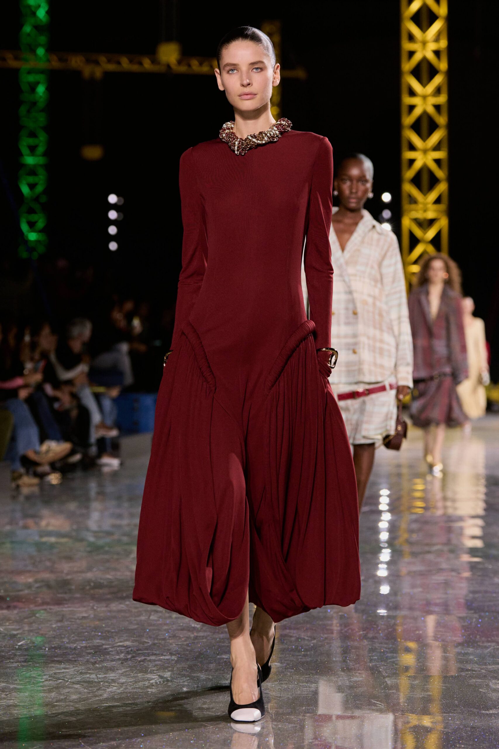 red cotton long-sleeve high-neck relaxed pleated midi dress