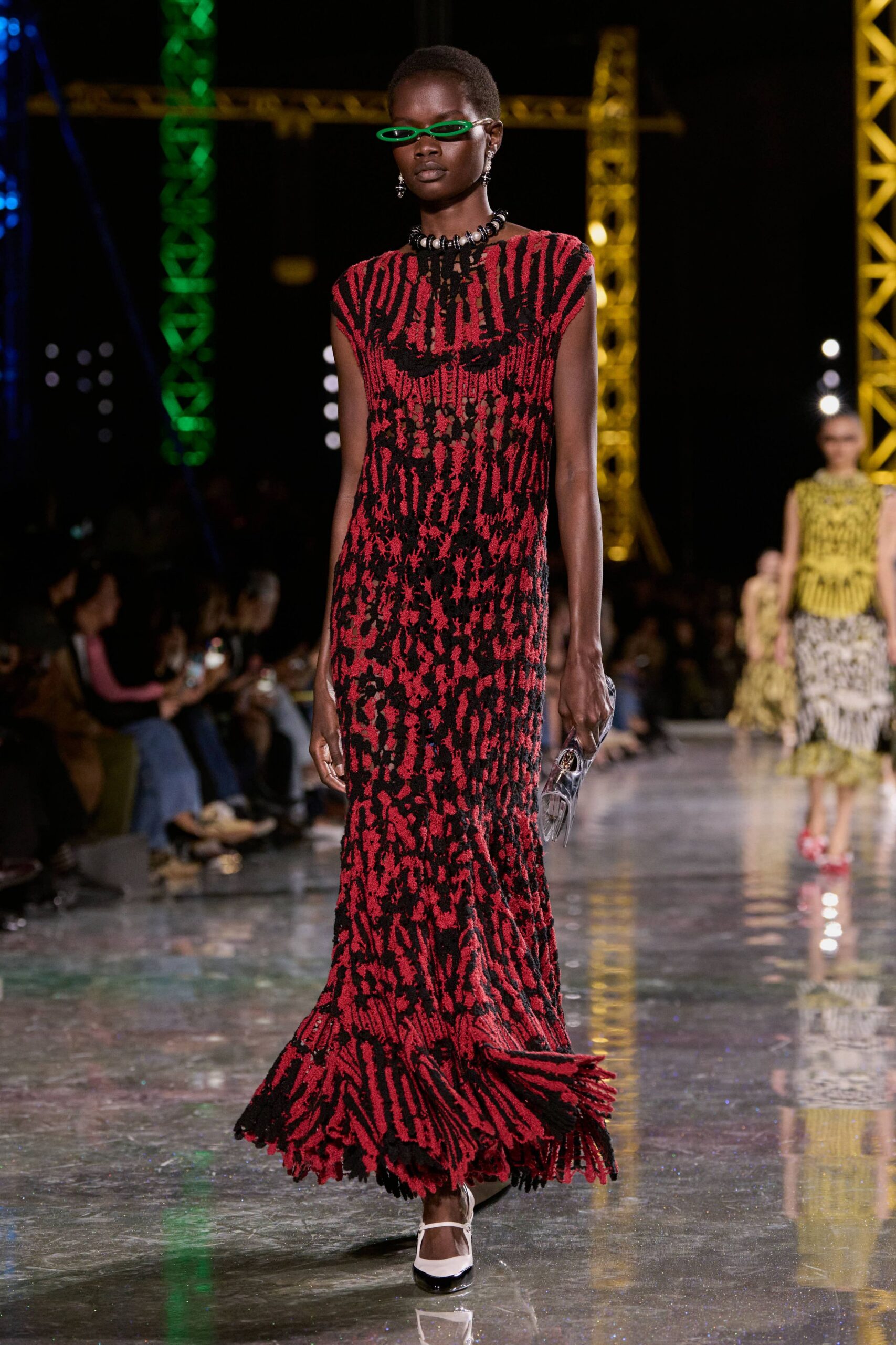 red silk sleeveless v-neck fitted fringed layered gown