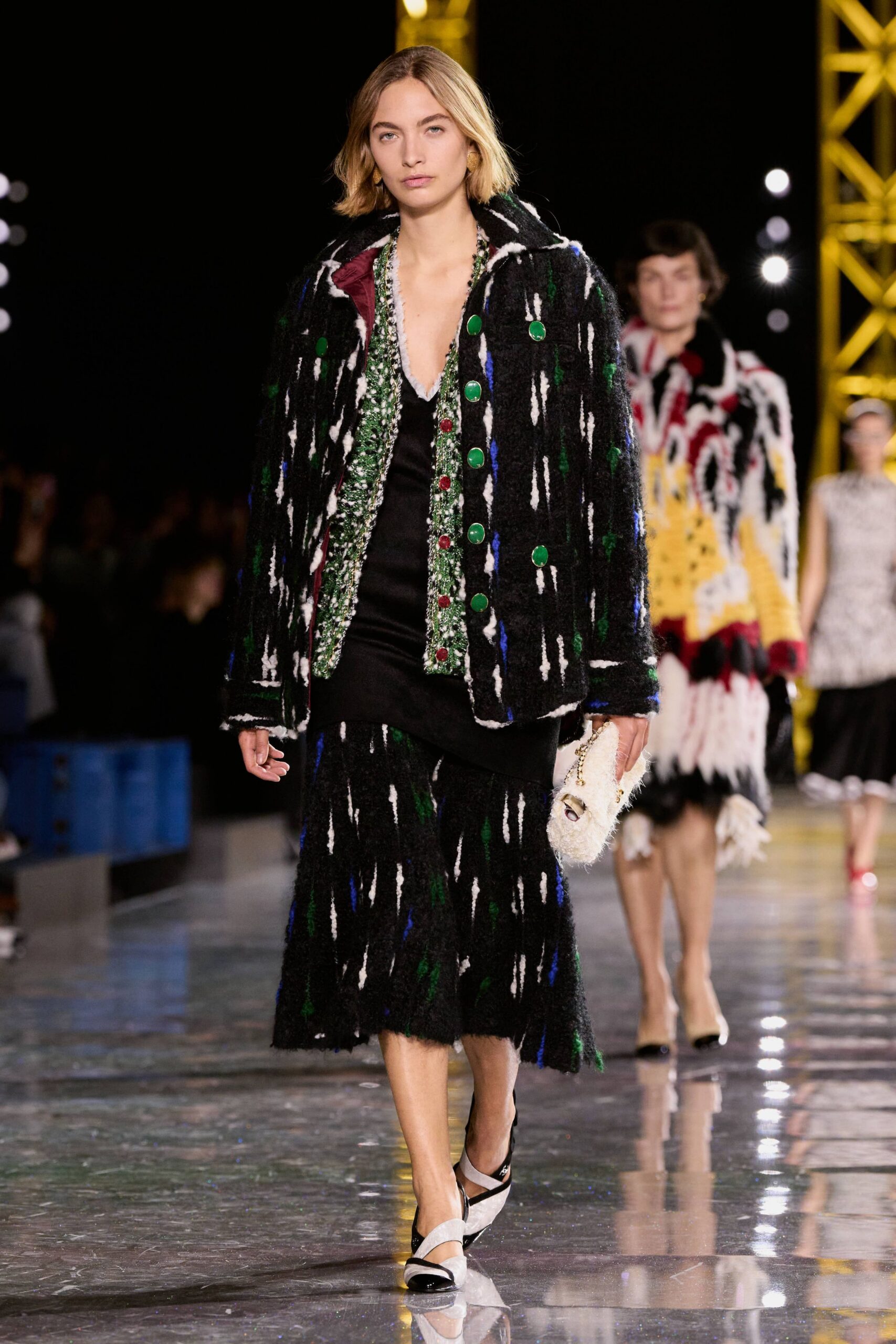 black wool long-sleeve collared relaxed embroidered fringed jacket