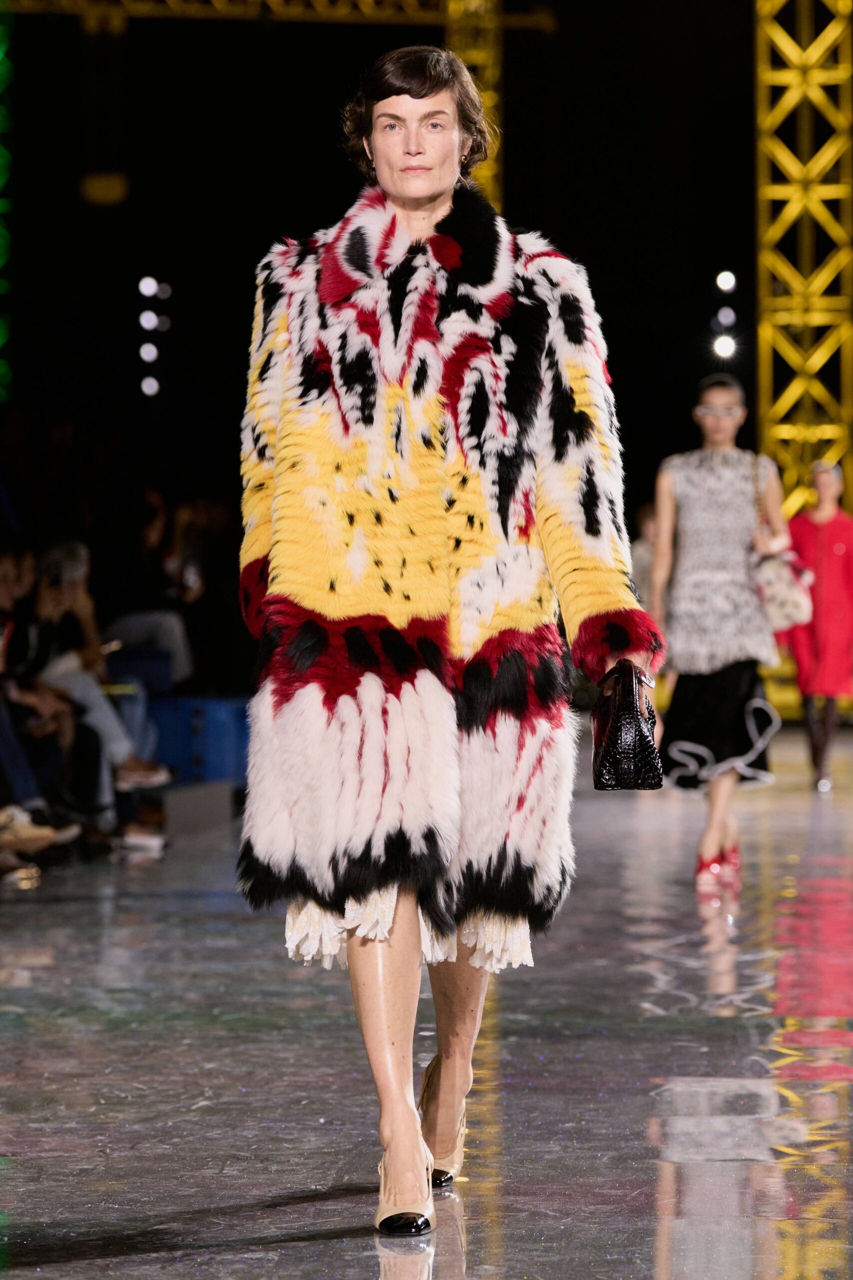 colorful fur coat with black shoes