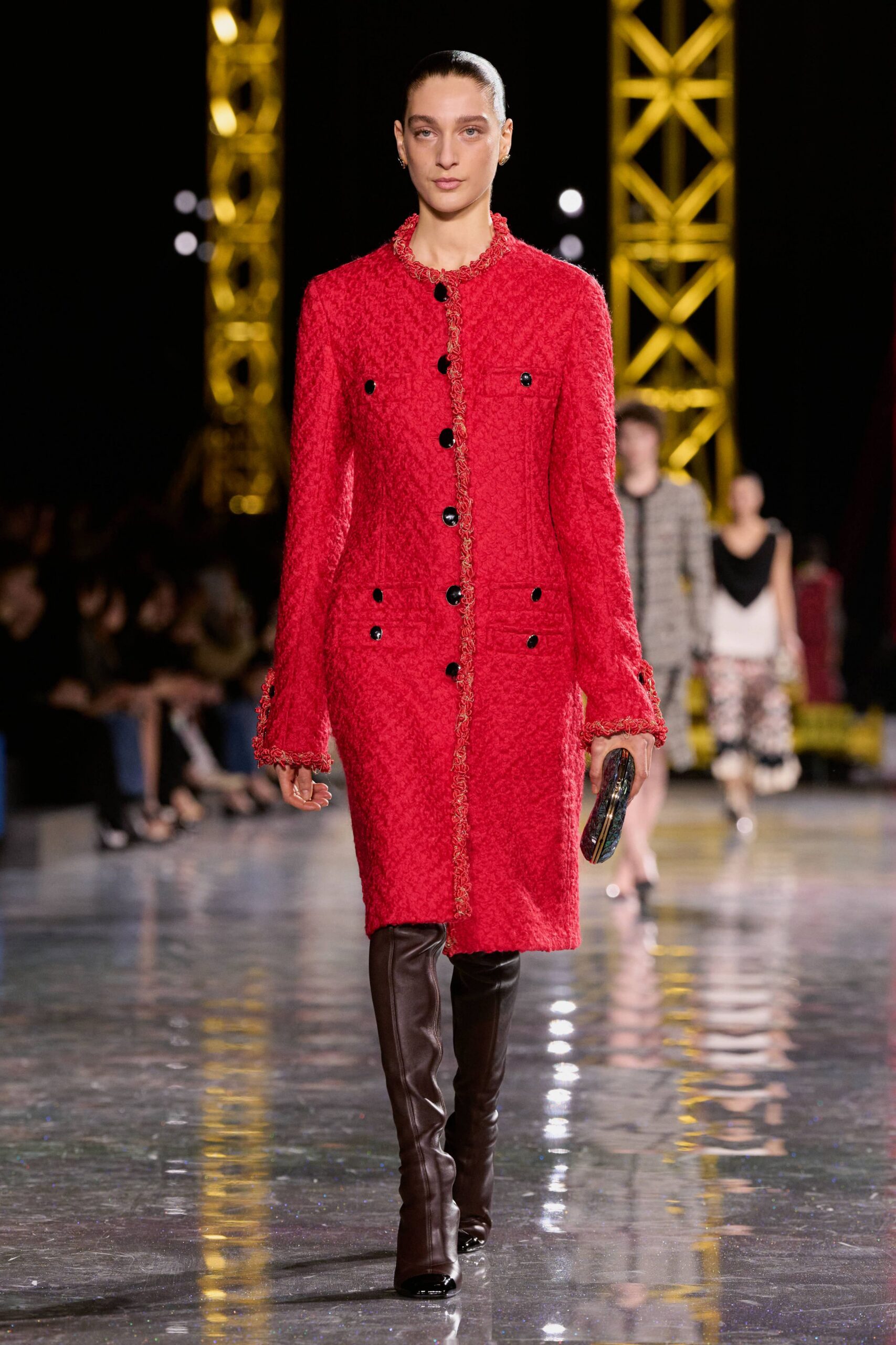 red tweed midi dress with boots
