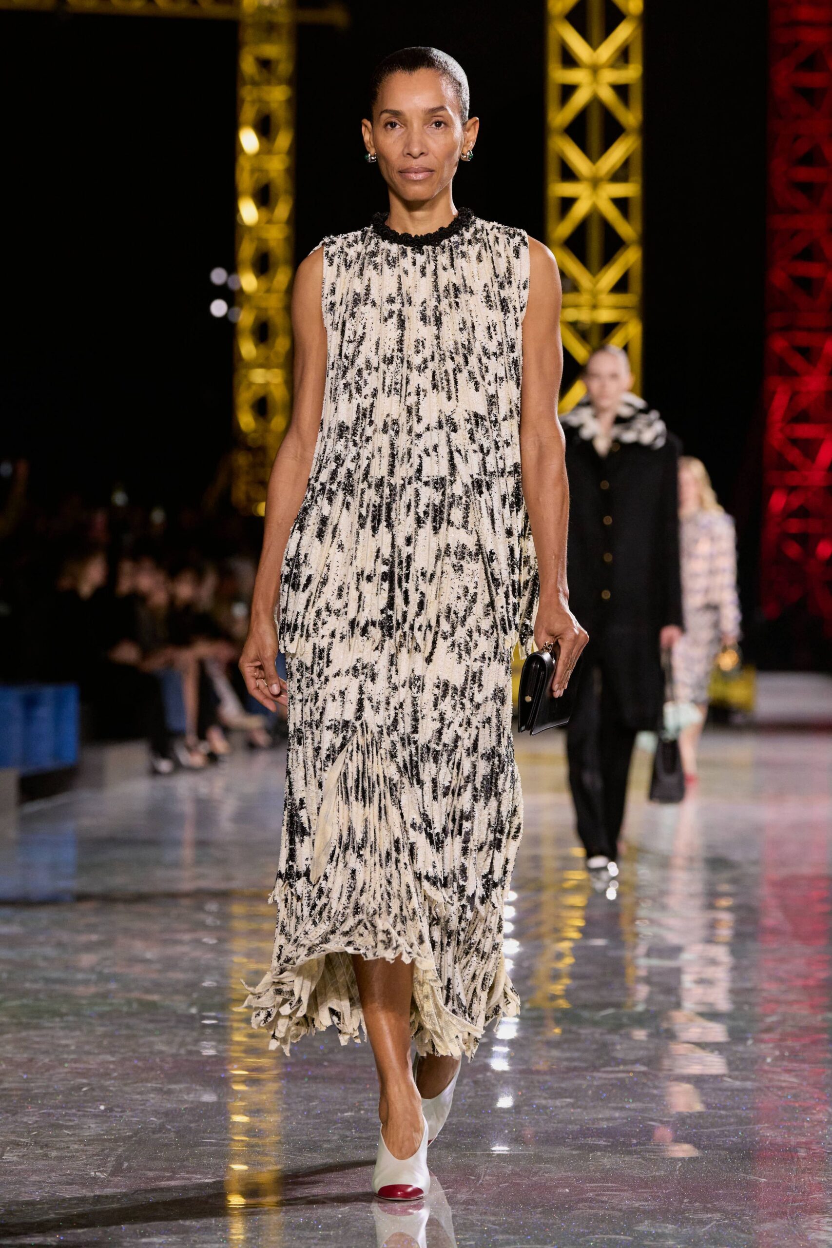 black silk sleeveless high-neck fitted pleated printed dress