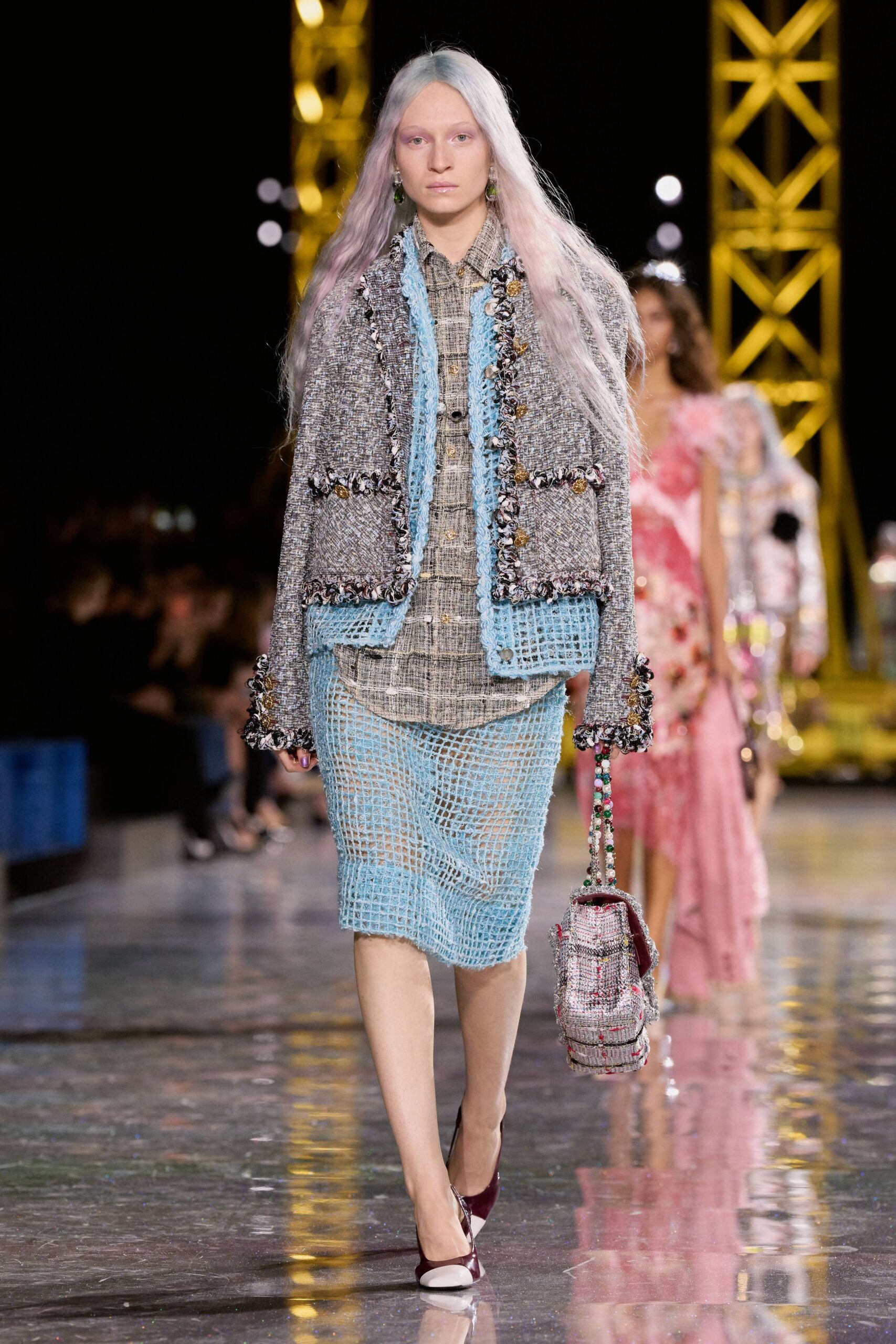 gray tweed long-sleeve collared tailored buttoned embroidered jacket