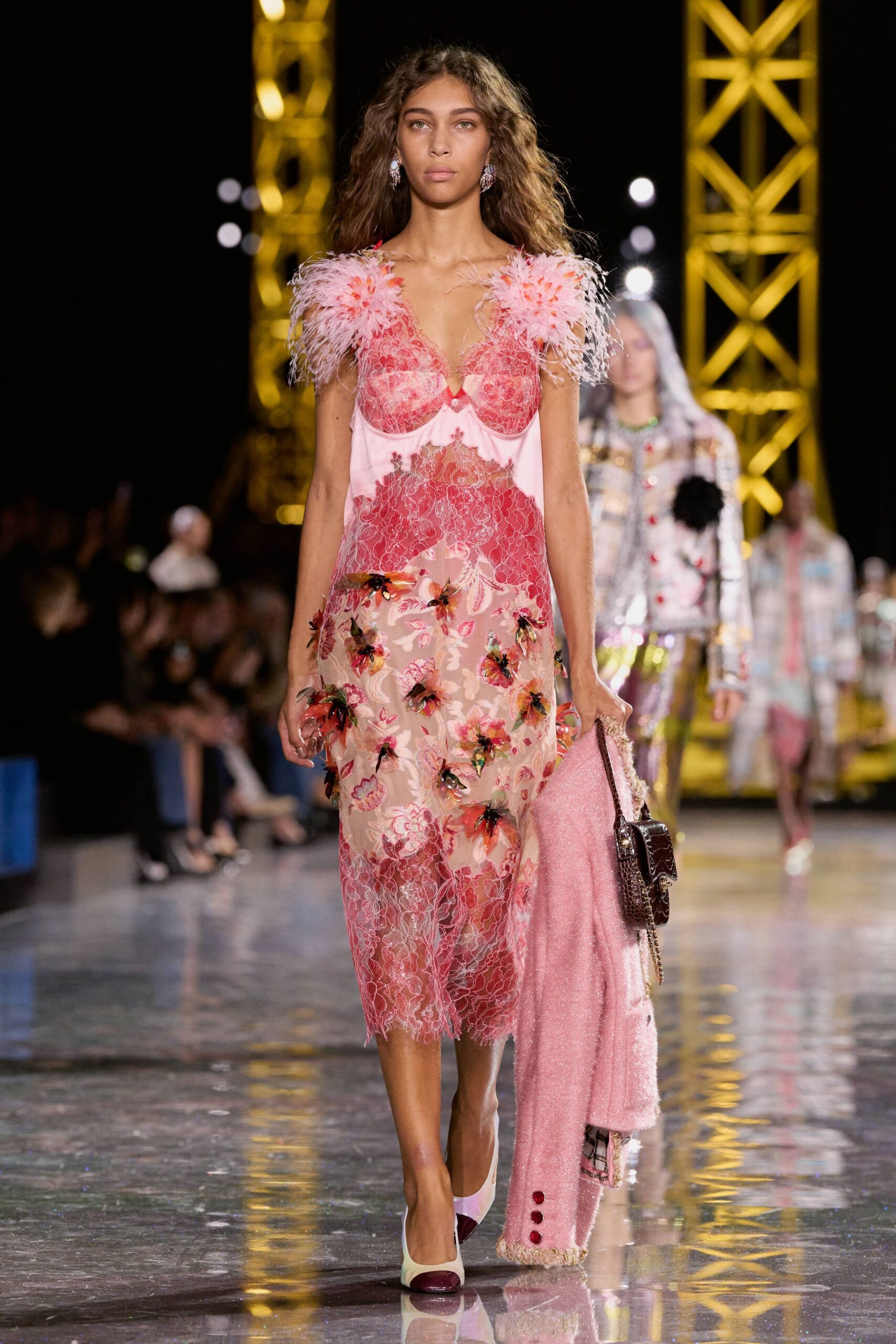 pink lace sleeveless v-neck fitted floral embroidered dress