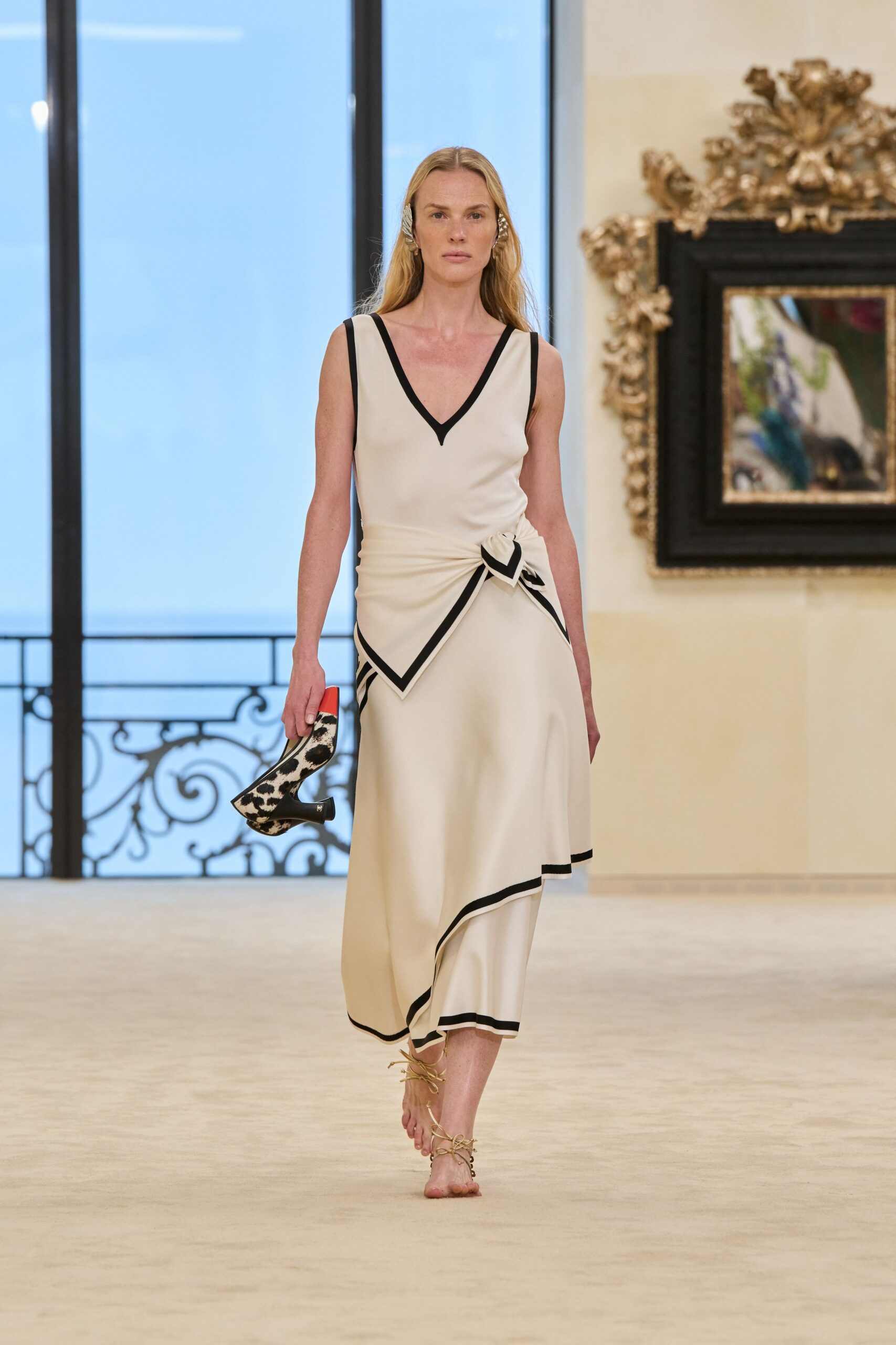 white silk midi dress with black accents