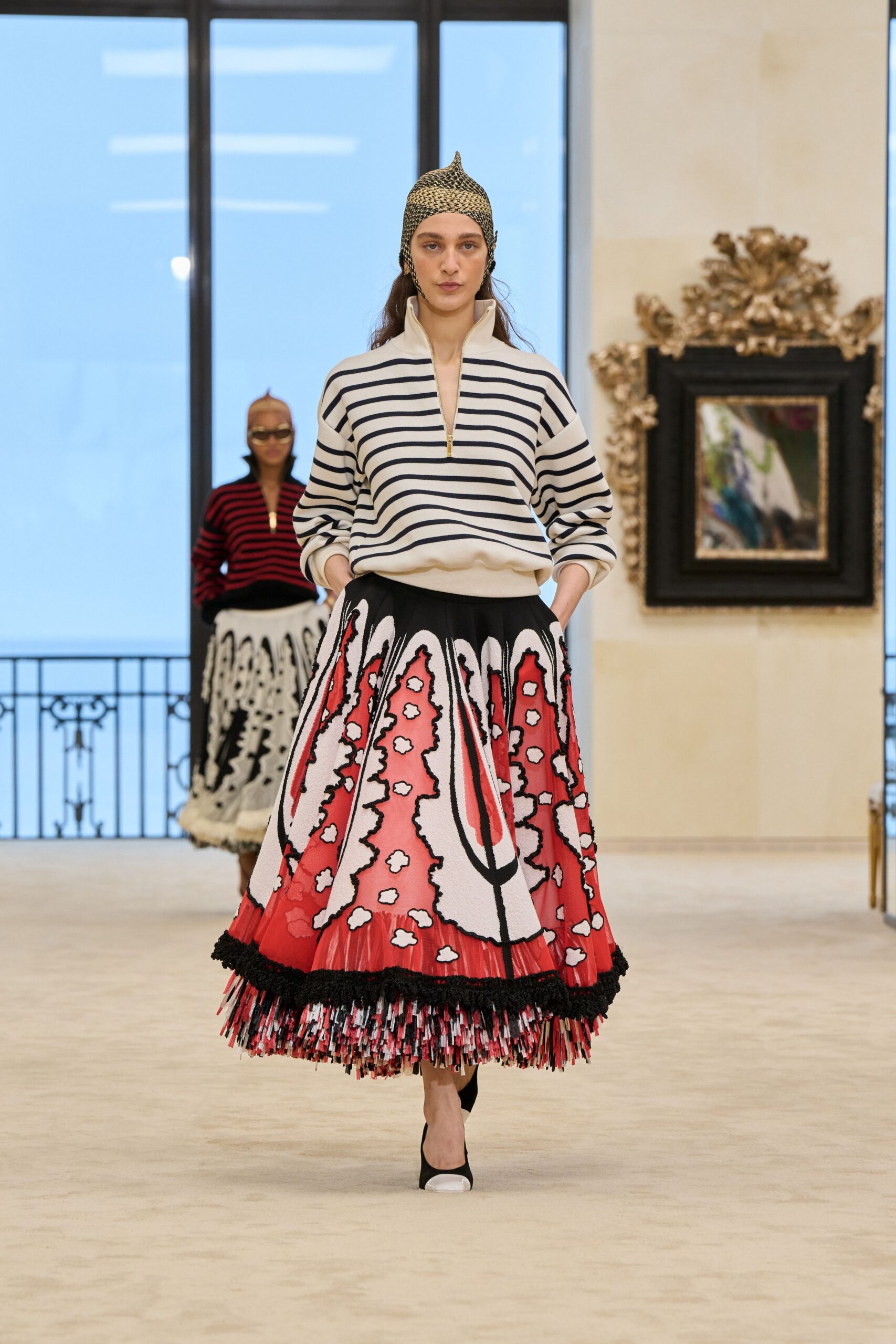 red cotton fitted pleated flared midi skirt