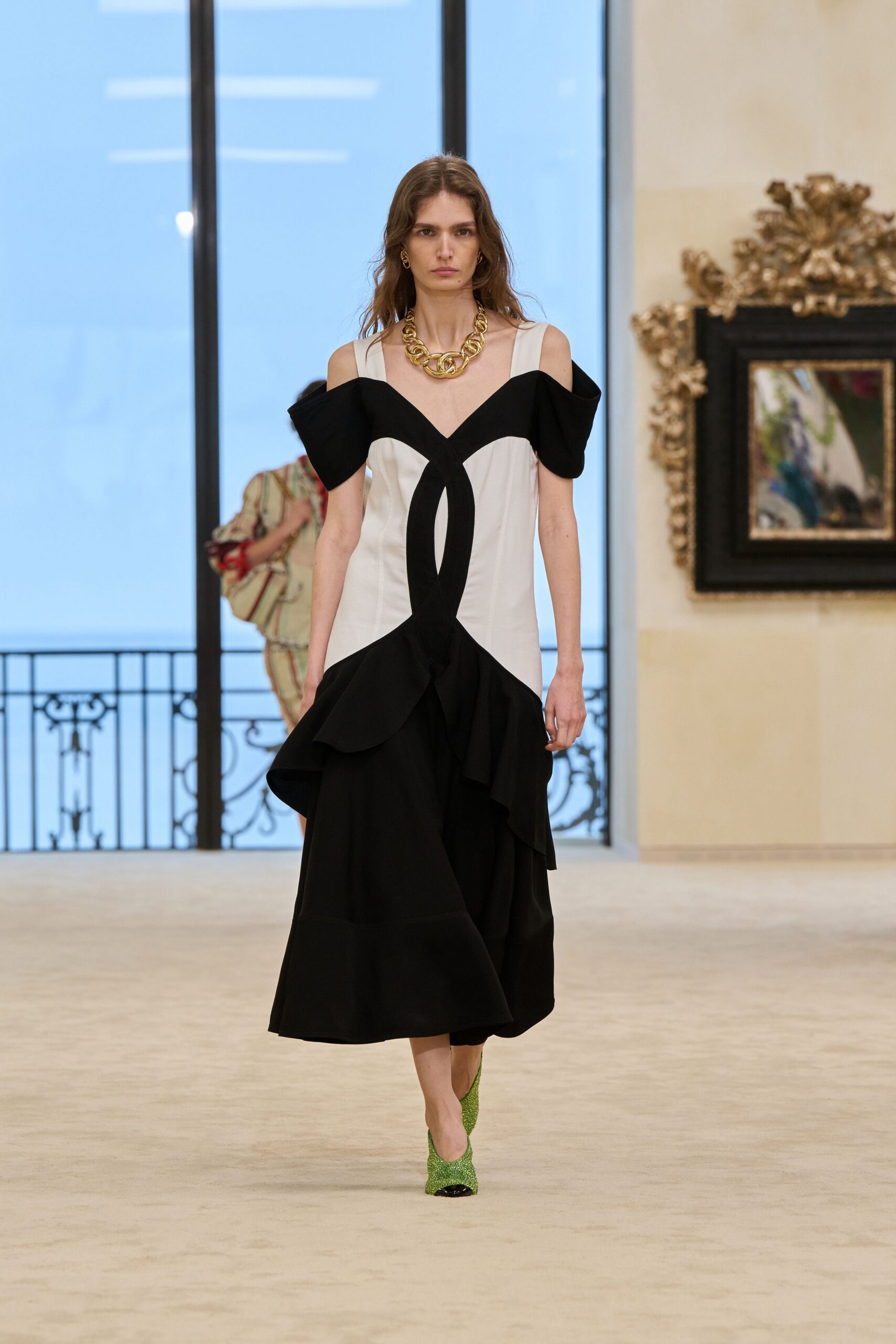 black cotton off-shoulder v-neck fitted ruffled draped dress