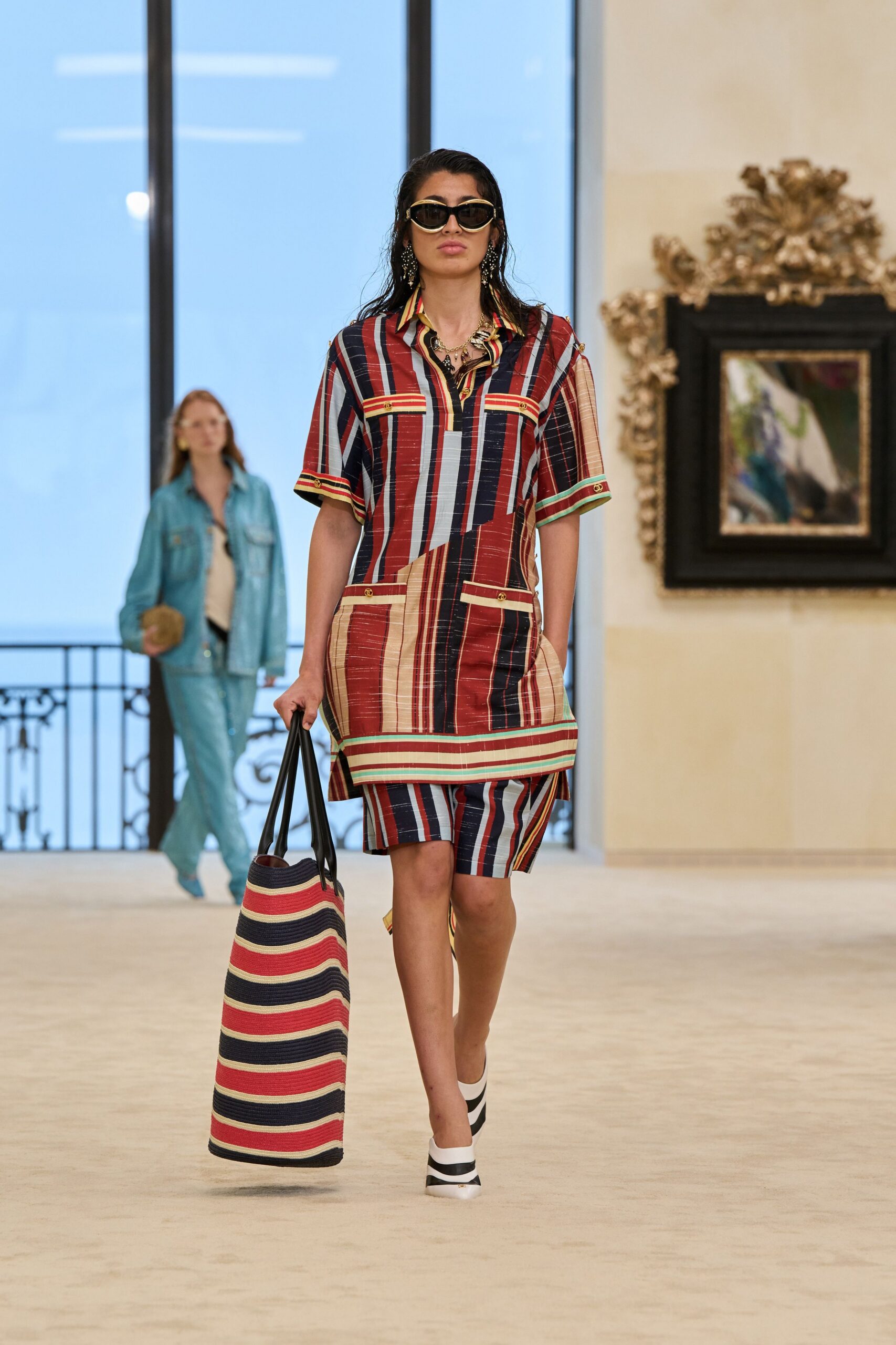 red cotton short-sleeve collared relaxed striped pockets dress