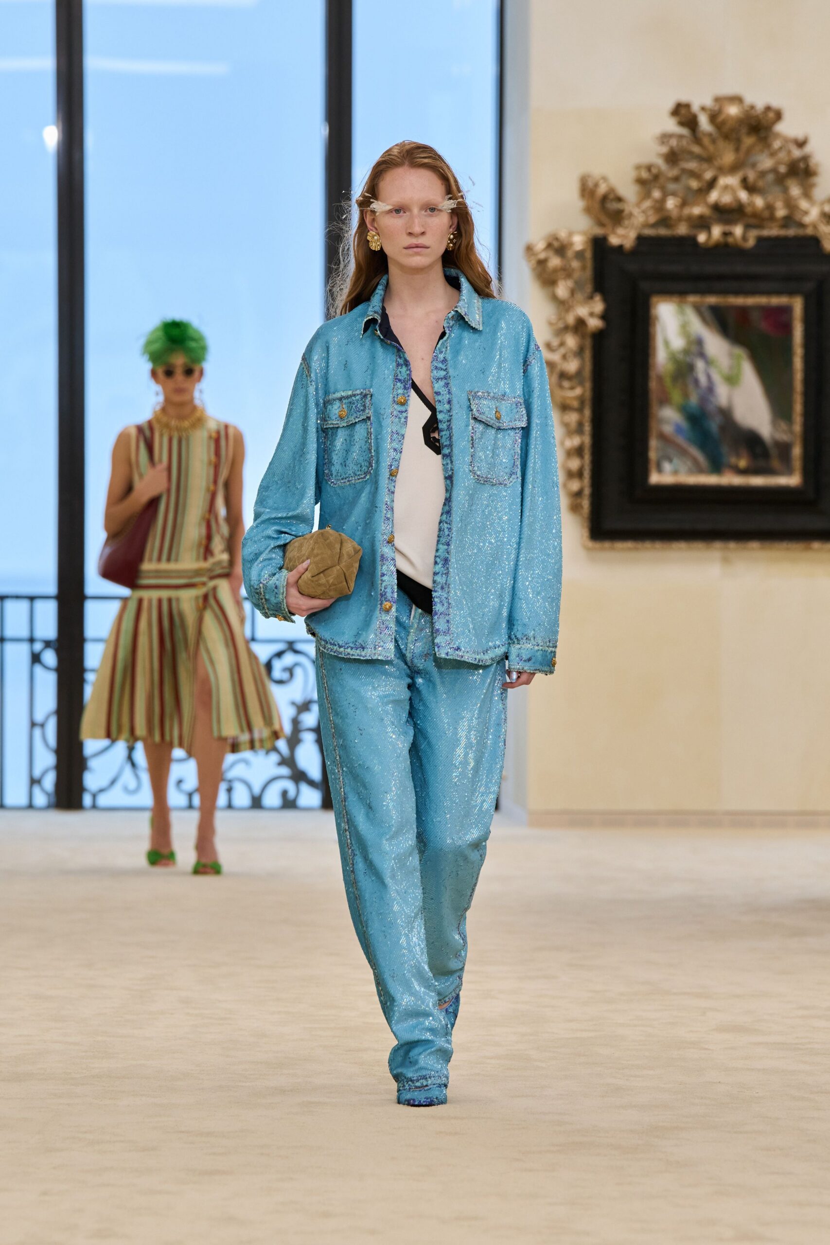 blue denim long-sleeve collared relaxed zippered fringed jacket