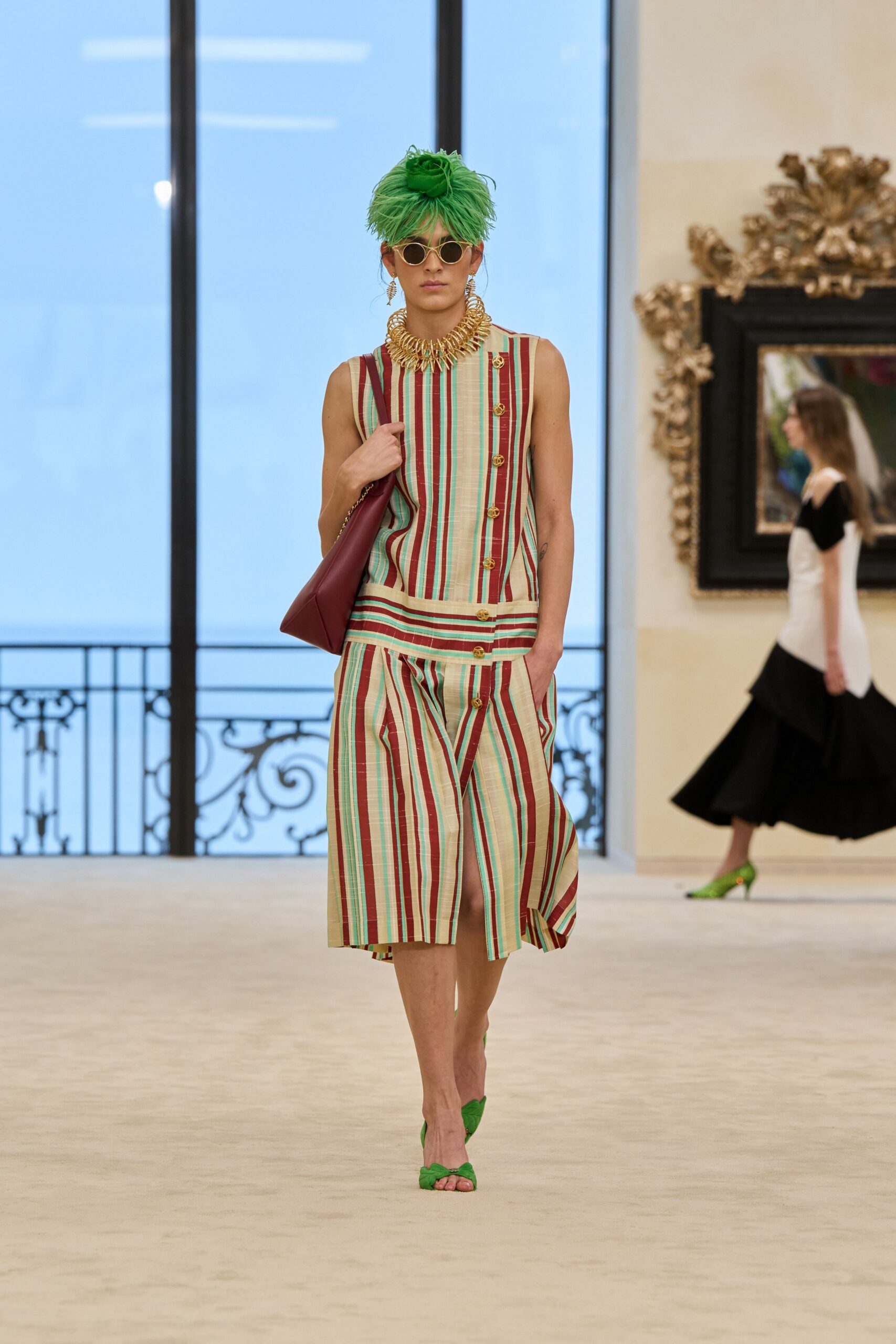 green cotton sleeveless collared fitted striped top