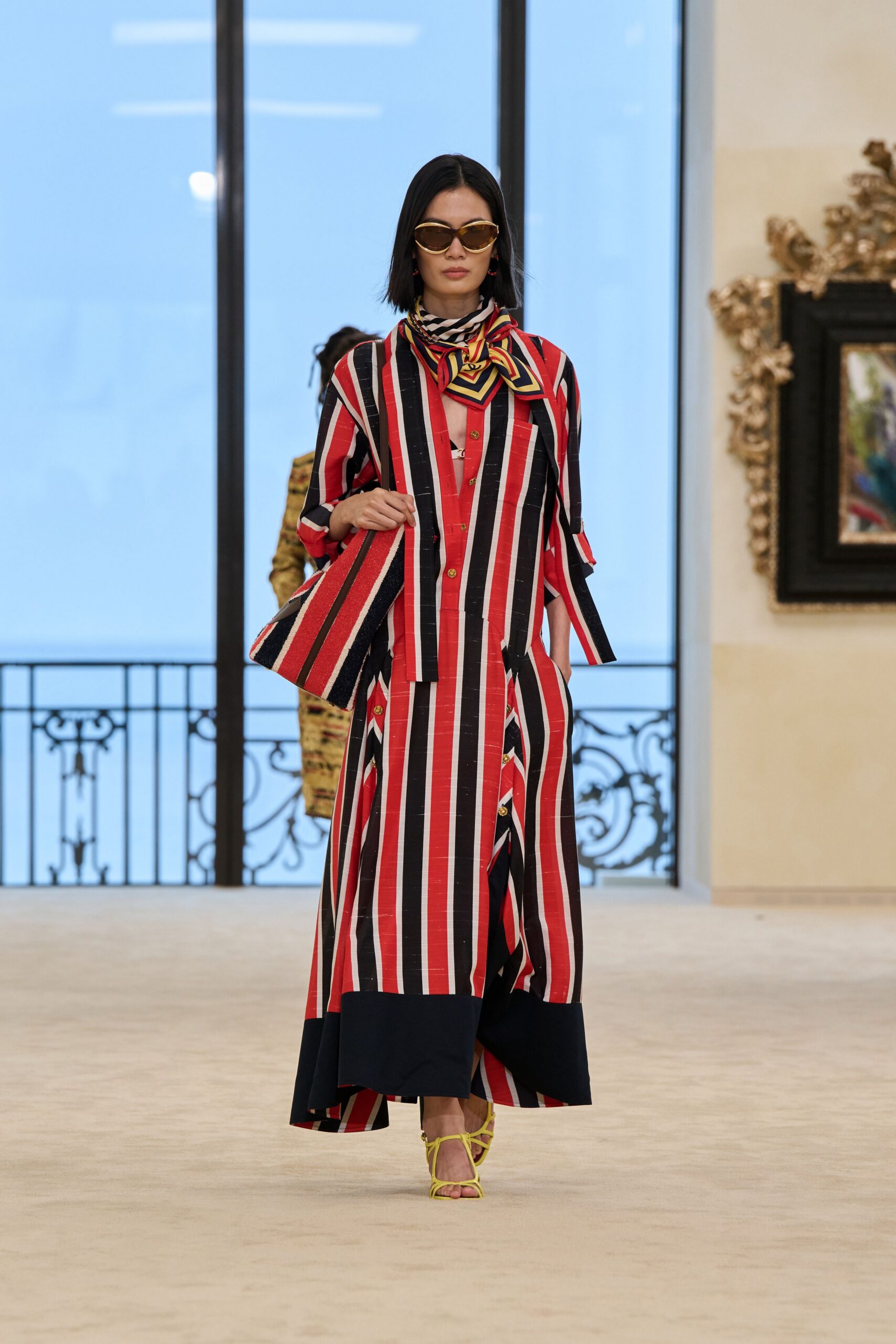 red cotton long-sleeve collared relaxed striped buttoned dress