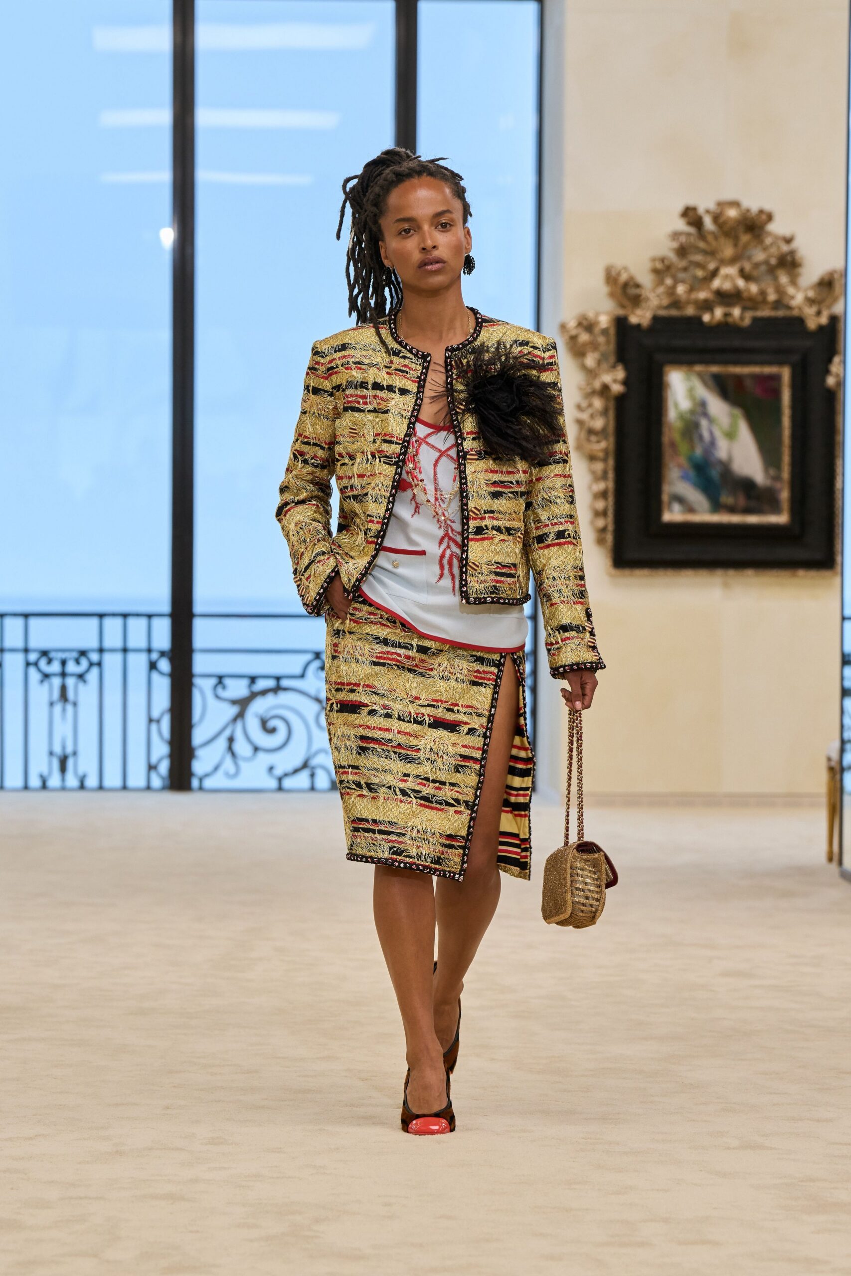 multi tweed long-sleeve collared tailored buttoned fringed jacket
