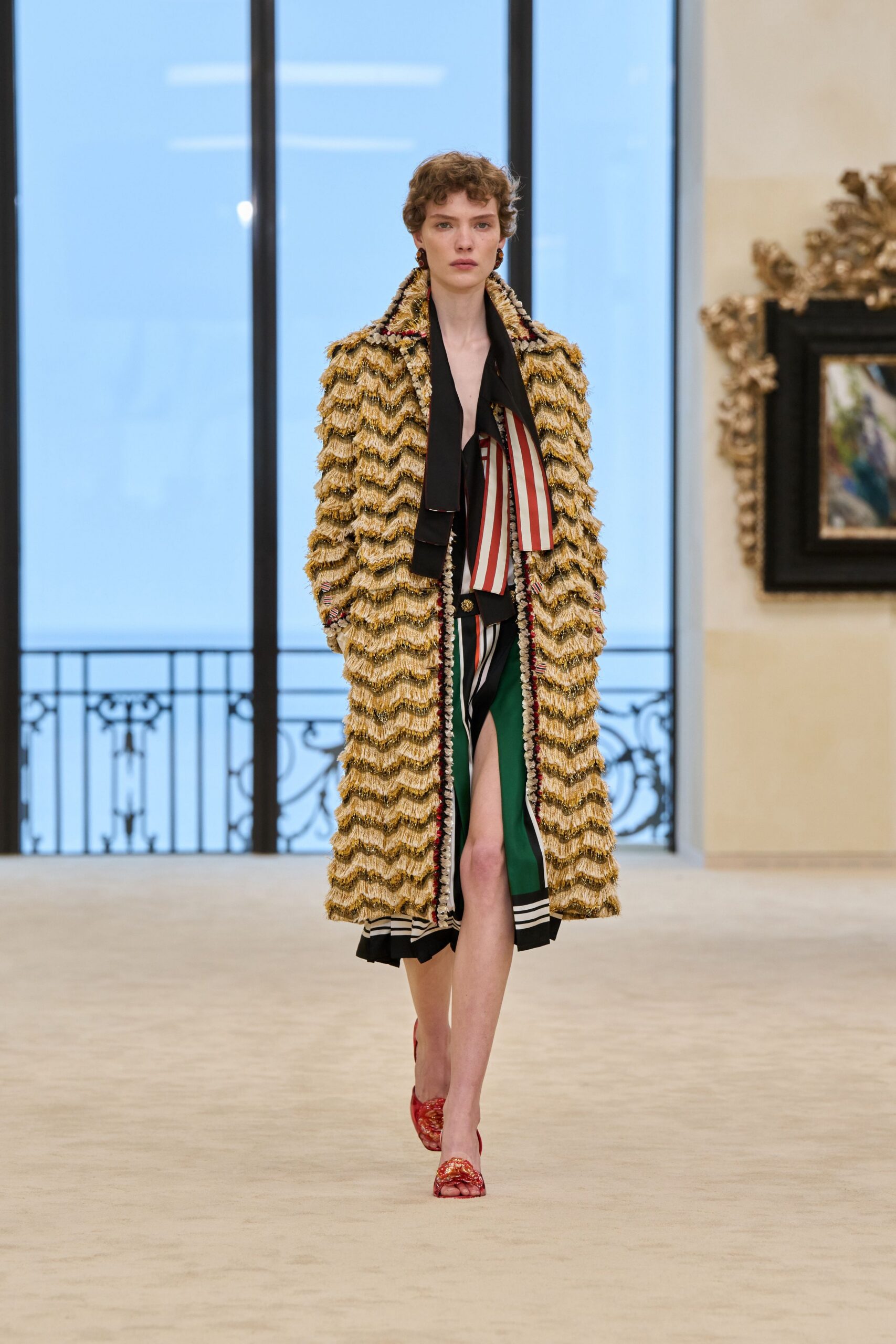 gold wool coat with black dress