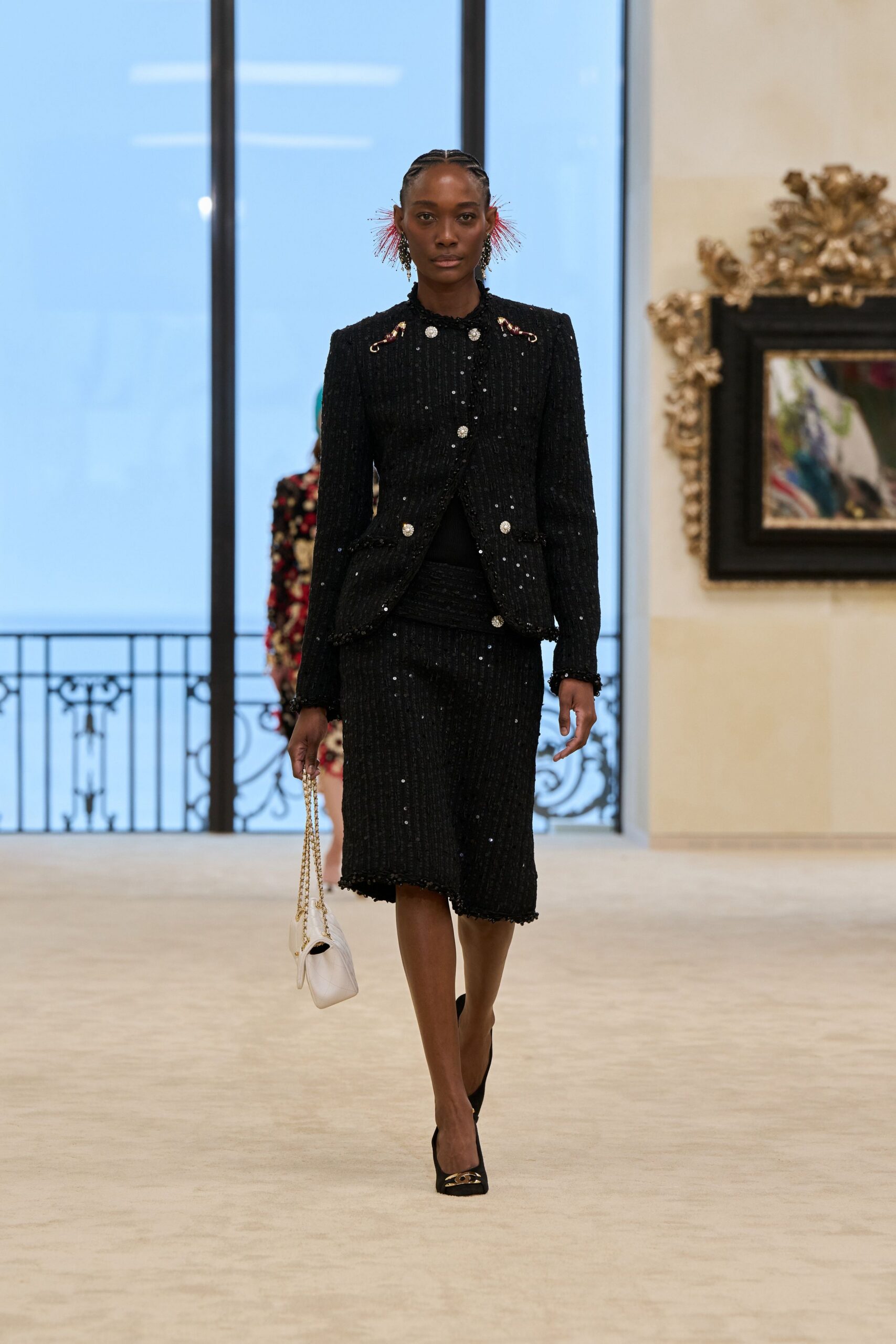 black tweed long-sleeve collared tailored buttoned embellished blazer