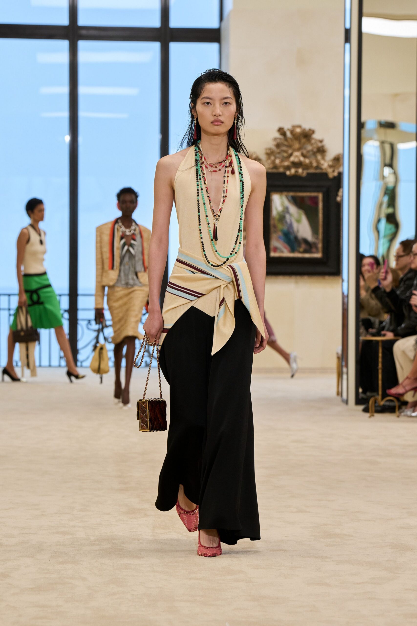 beige and black draped maxi dress