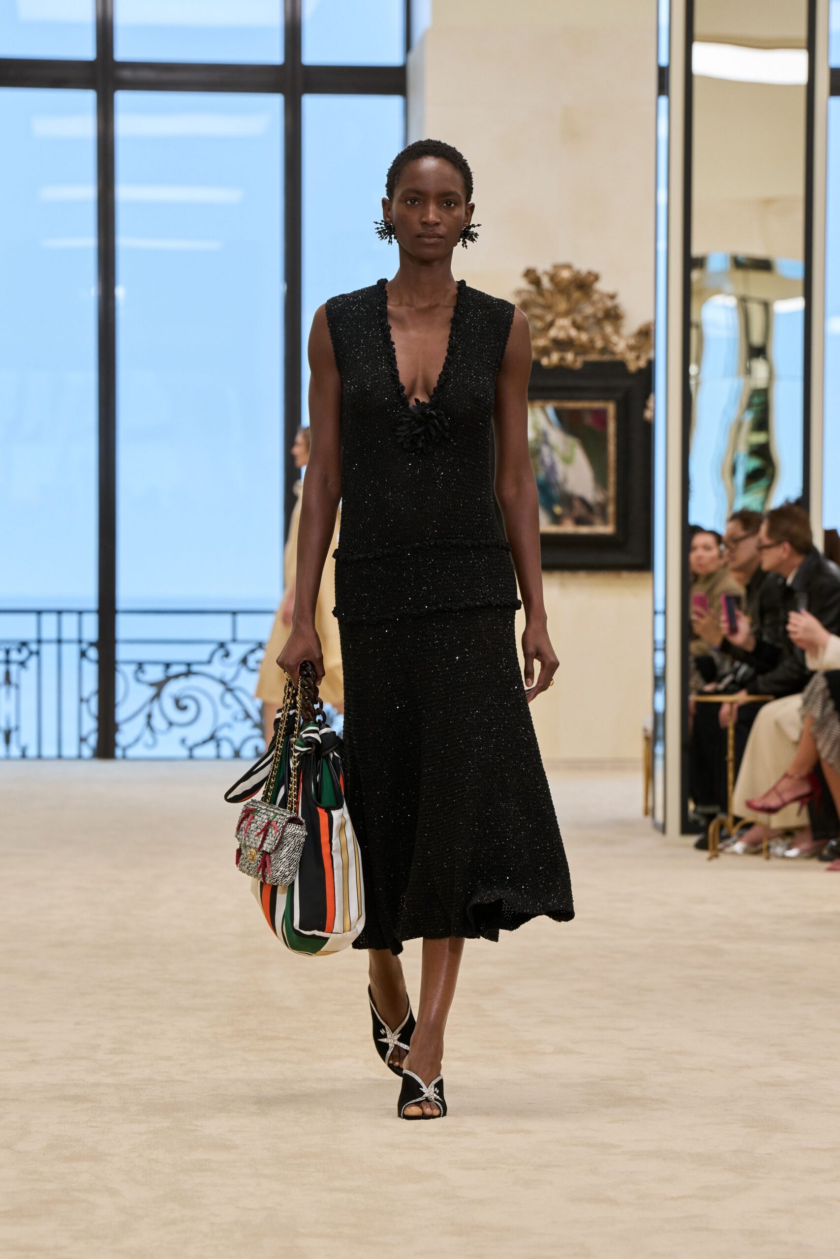 black silk sleeveless v-neck fitted pleated shiny dress