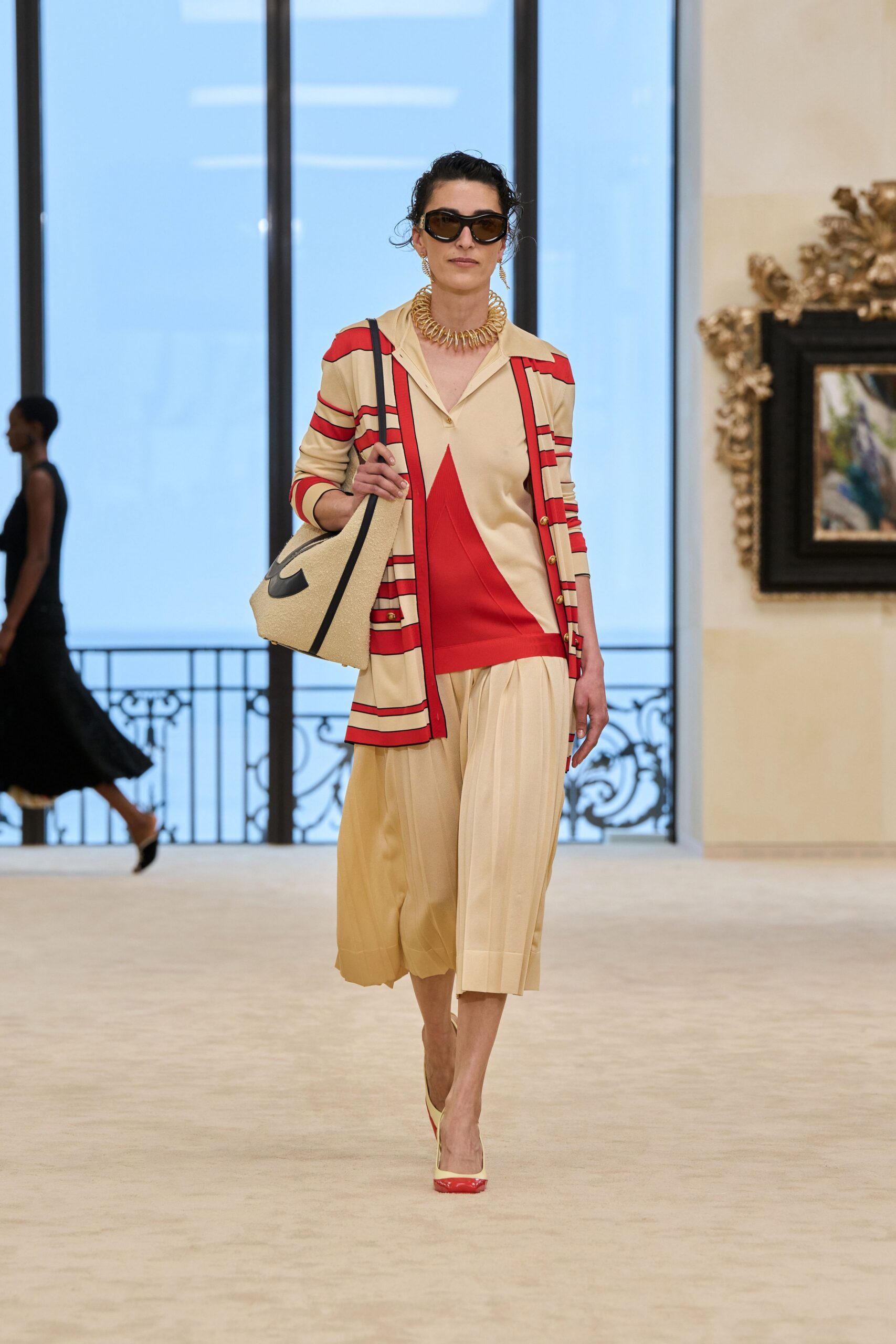 red long-sleeve collared relaxed striped cardigan