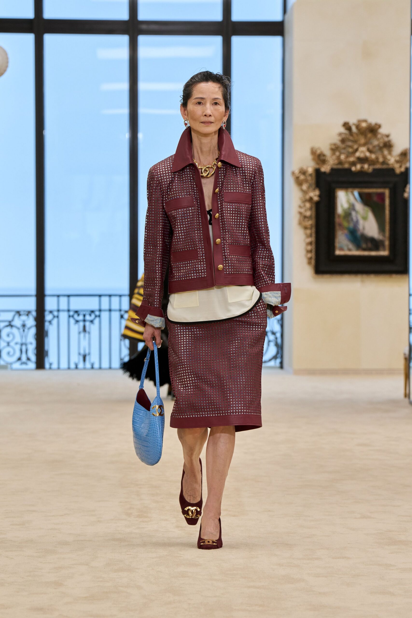 red leather long-sleeve collared fitted zippered embroidered jacket