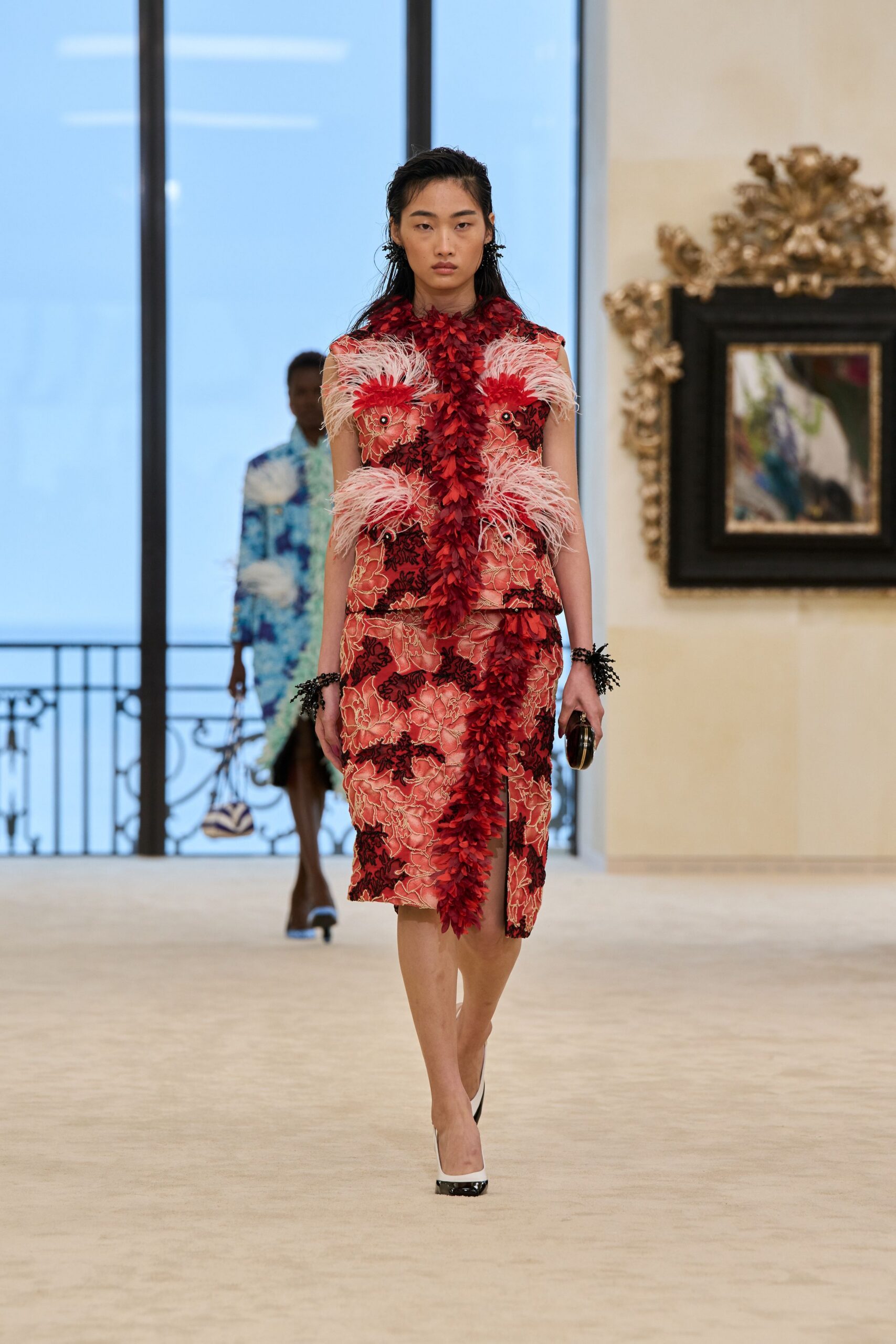 red pink floral midi dress