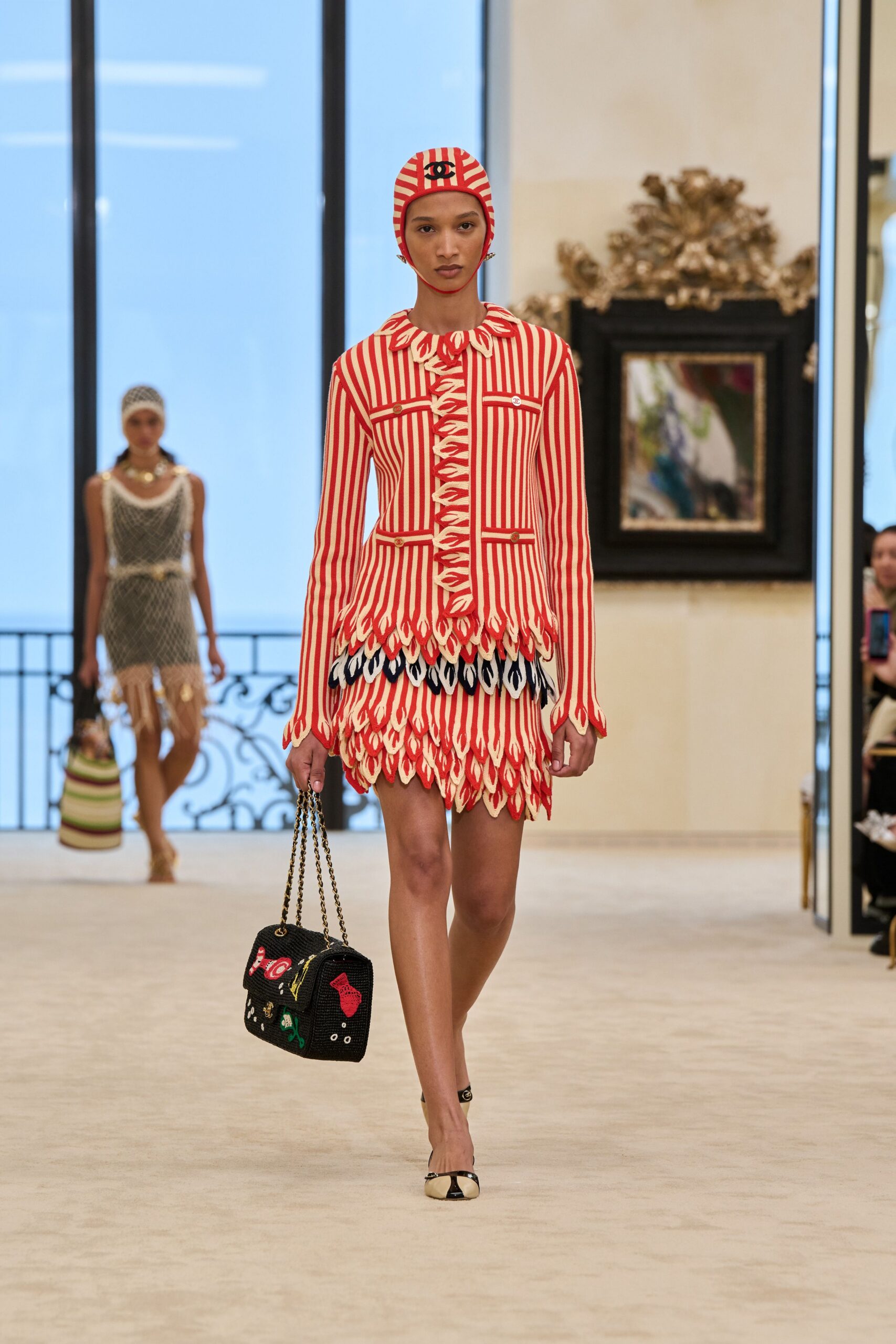red cotton long-sleeve collared fitted striped fringed dress