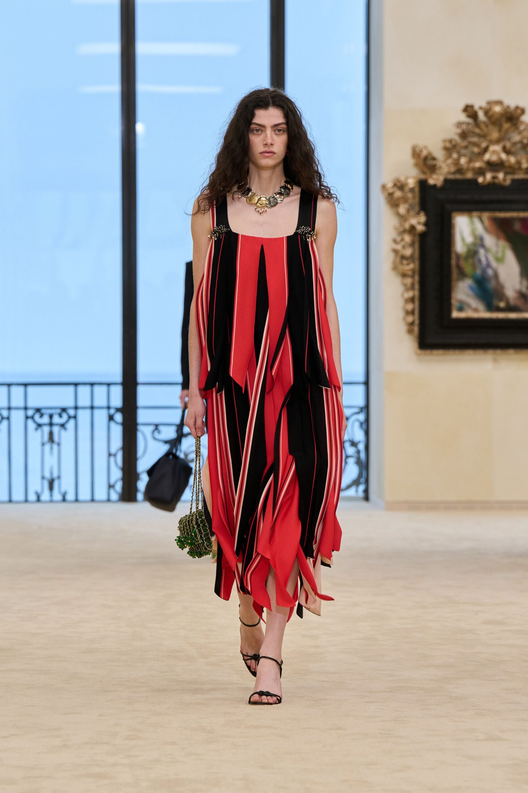 red silk sleeveless v-neck relaxed striped layered dress
