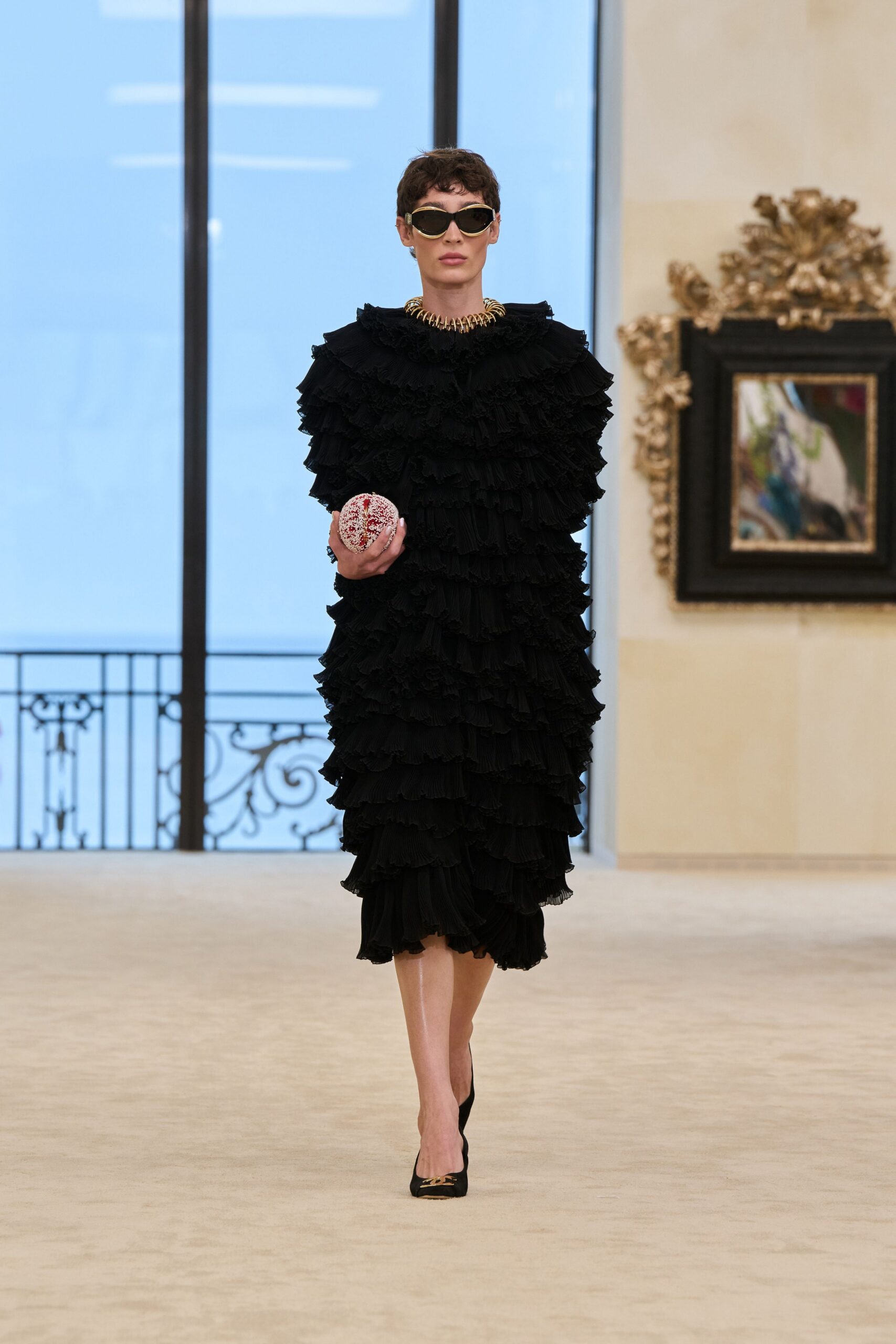 black ruffled midi dress with accessories