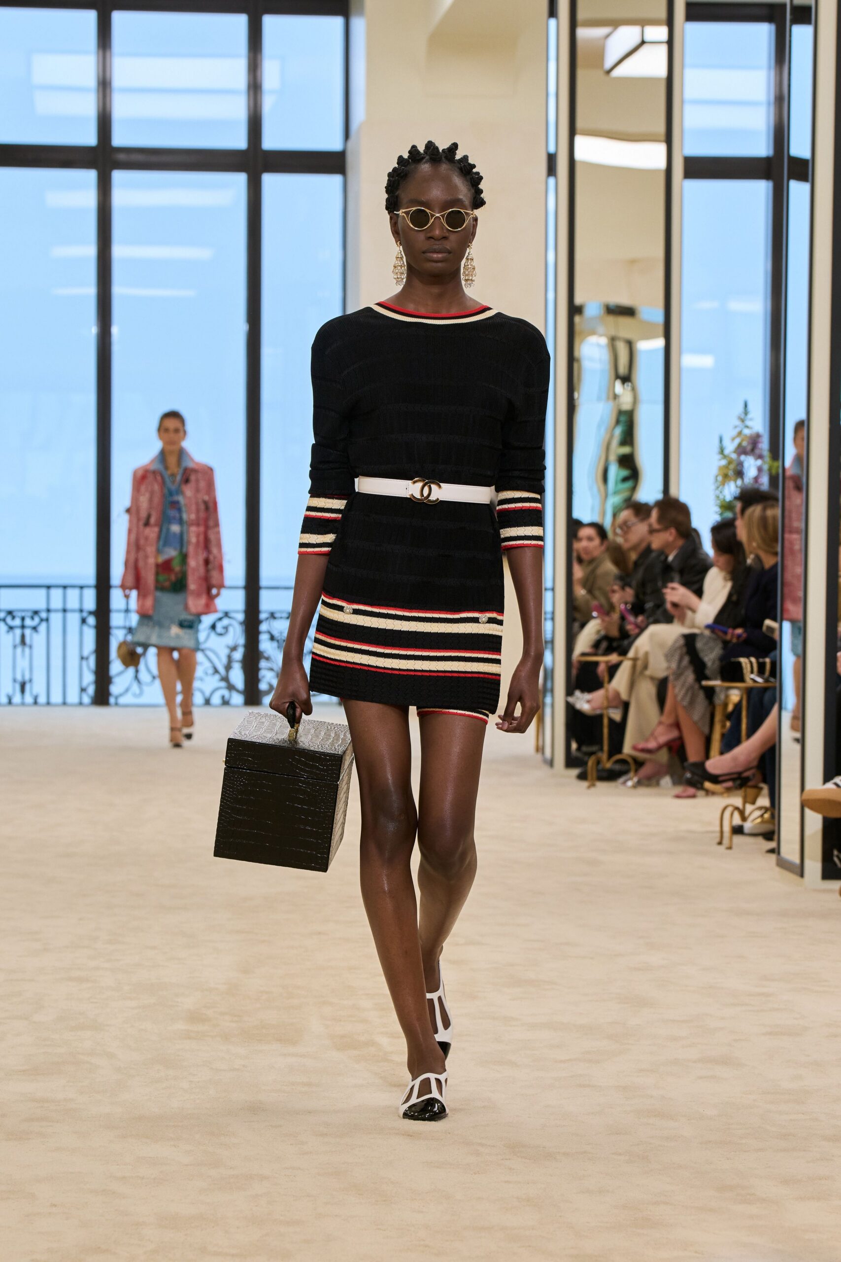 black mini dress with stripes