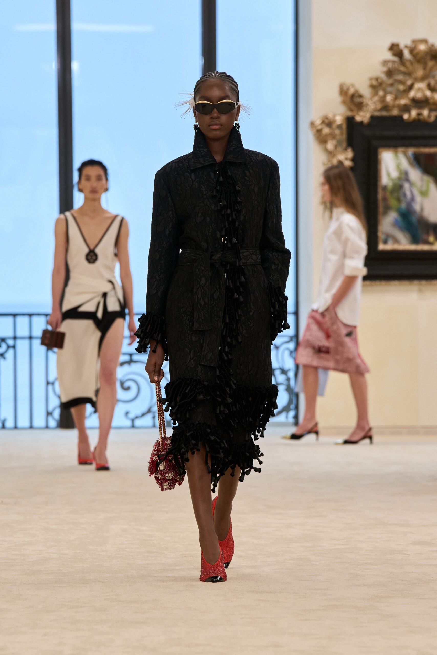 black silk long-sleeve collared fitted fringed belted coat