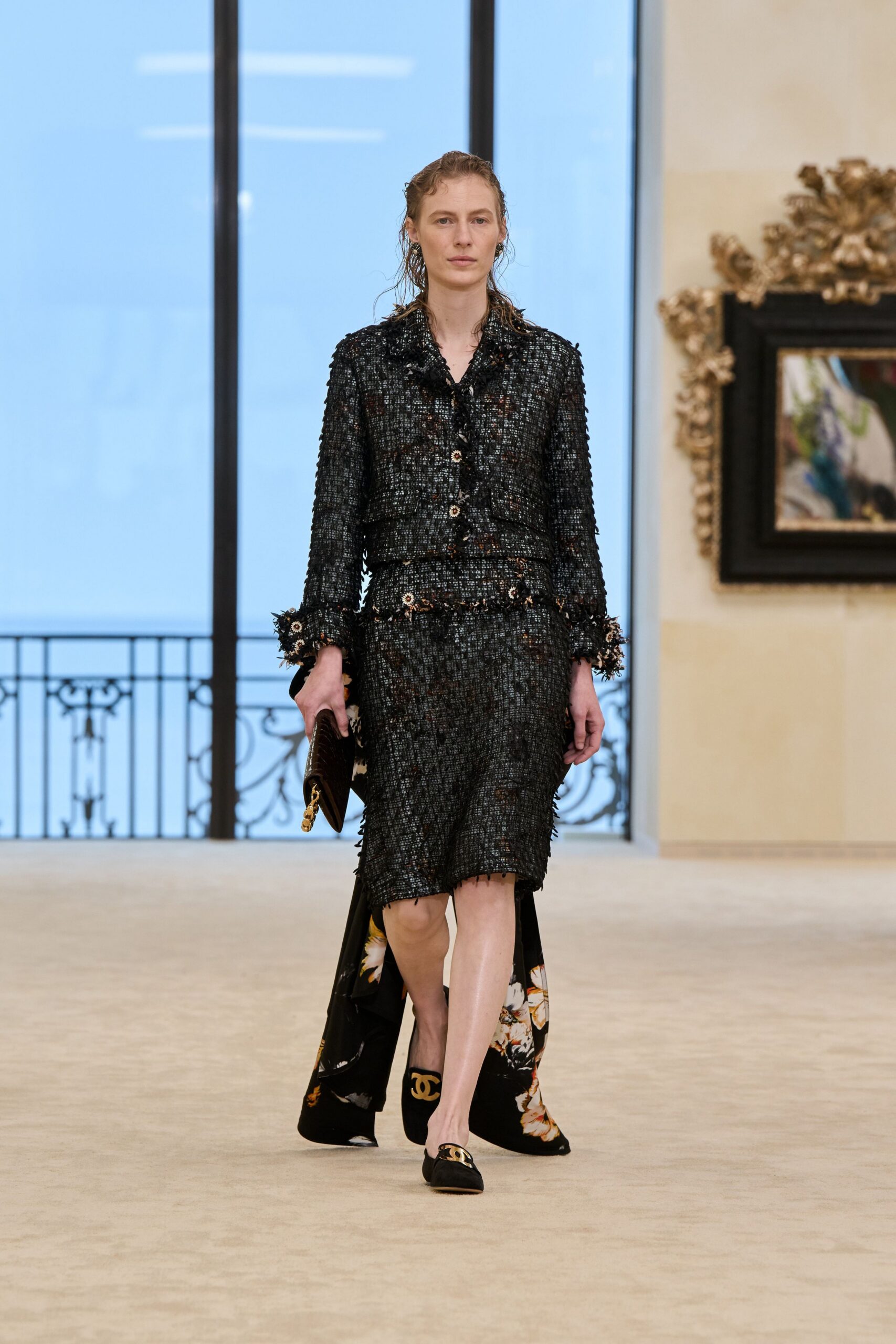 black silk long-sleeve collared fitted layered flared skirt