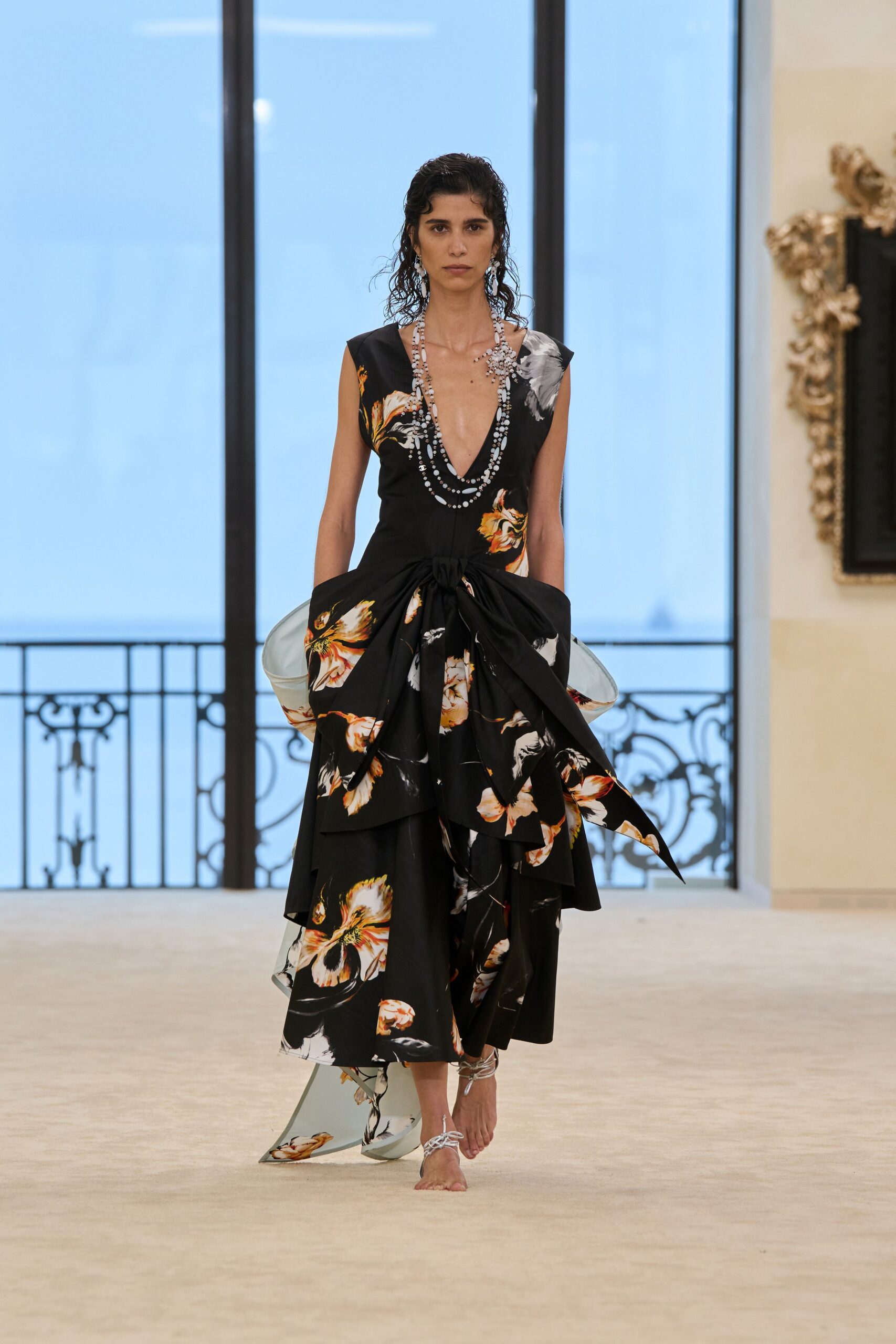 black silk sleeveless v-neck fitted floral flared dress
