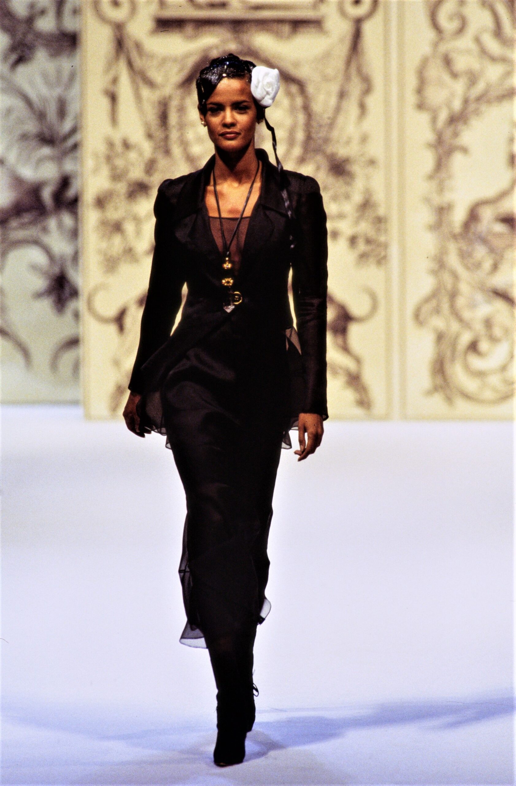 black silk fitted gown with hat
