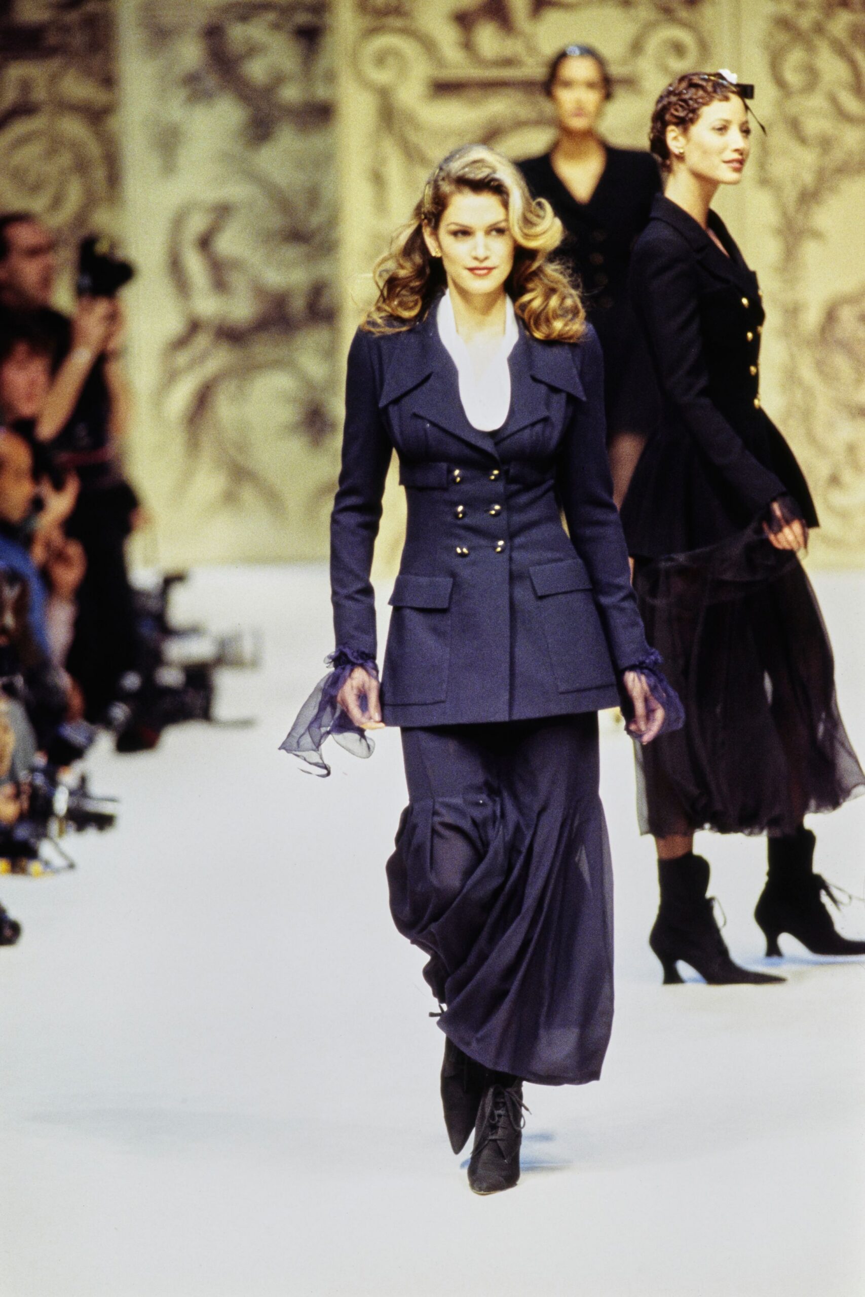 navy tailored blazer with black tulle skirt