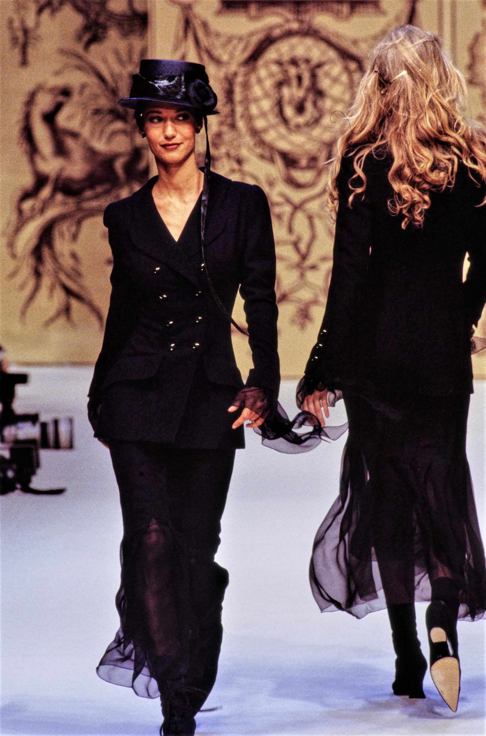 black silk blazer and skirt with hat