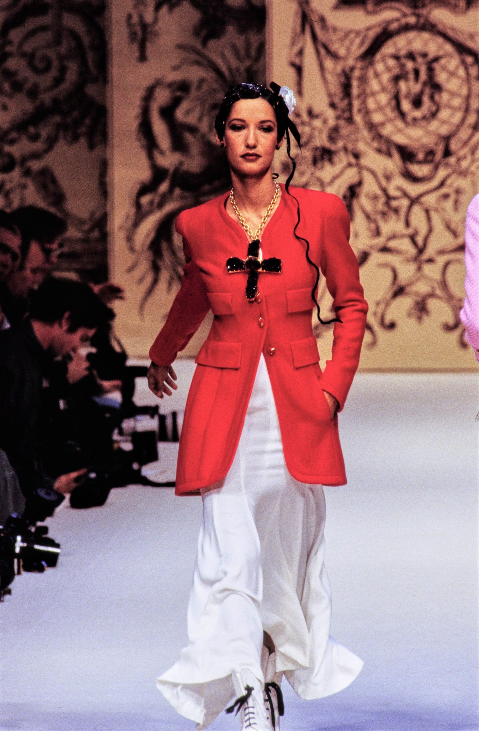 red blazer white gown