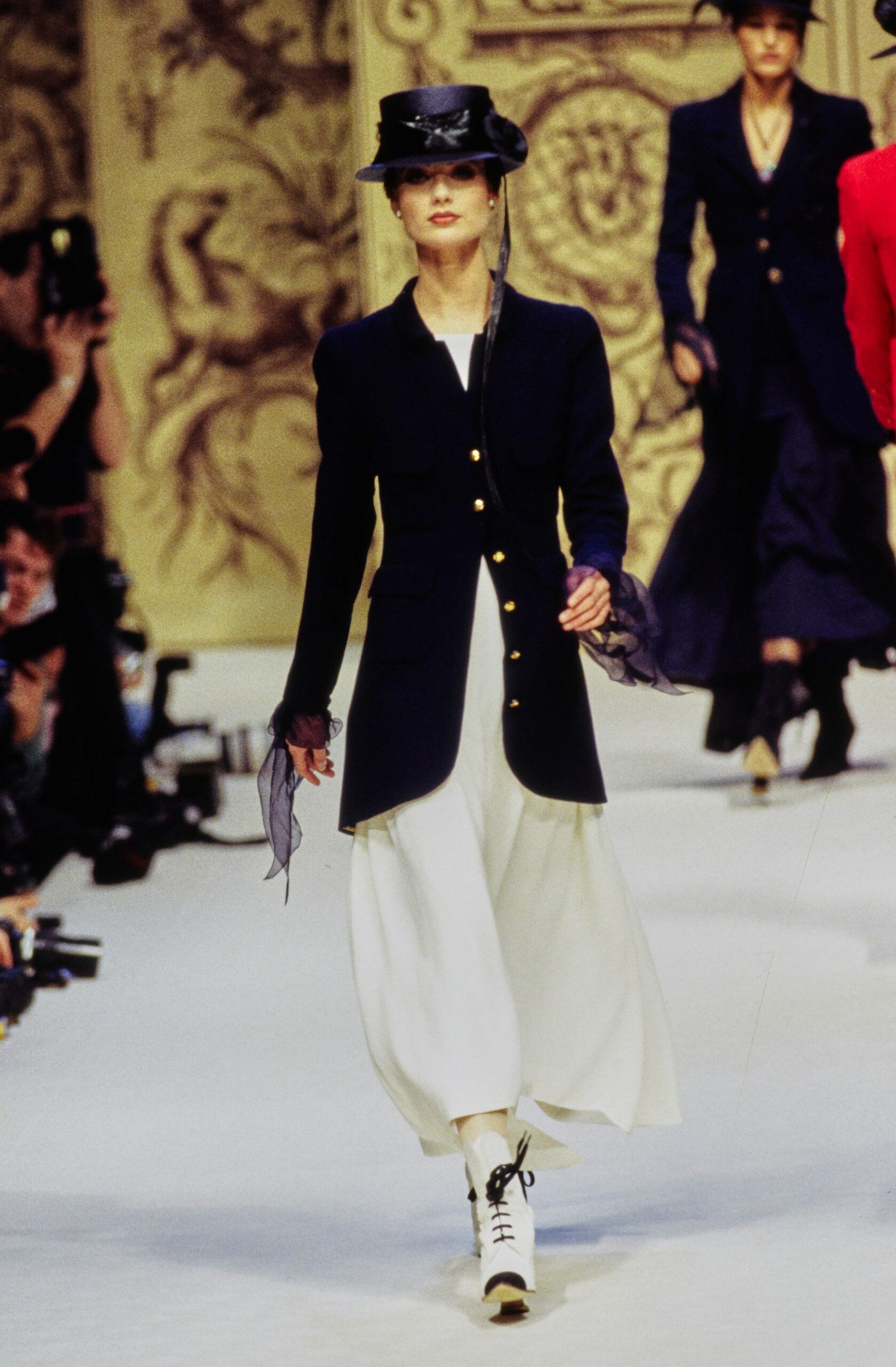 black coat white maxi dress