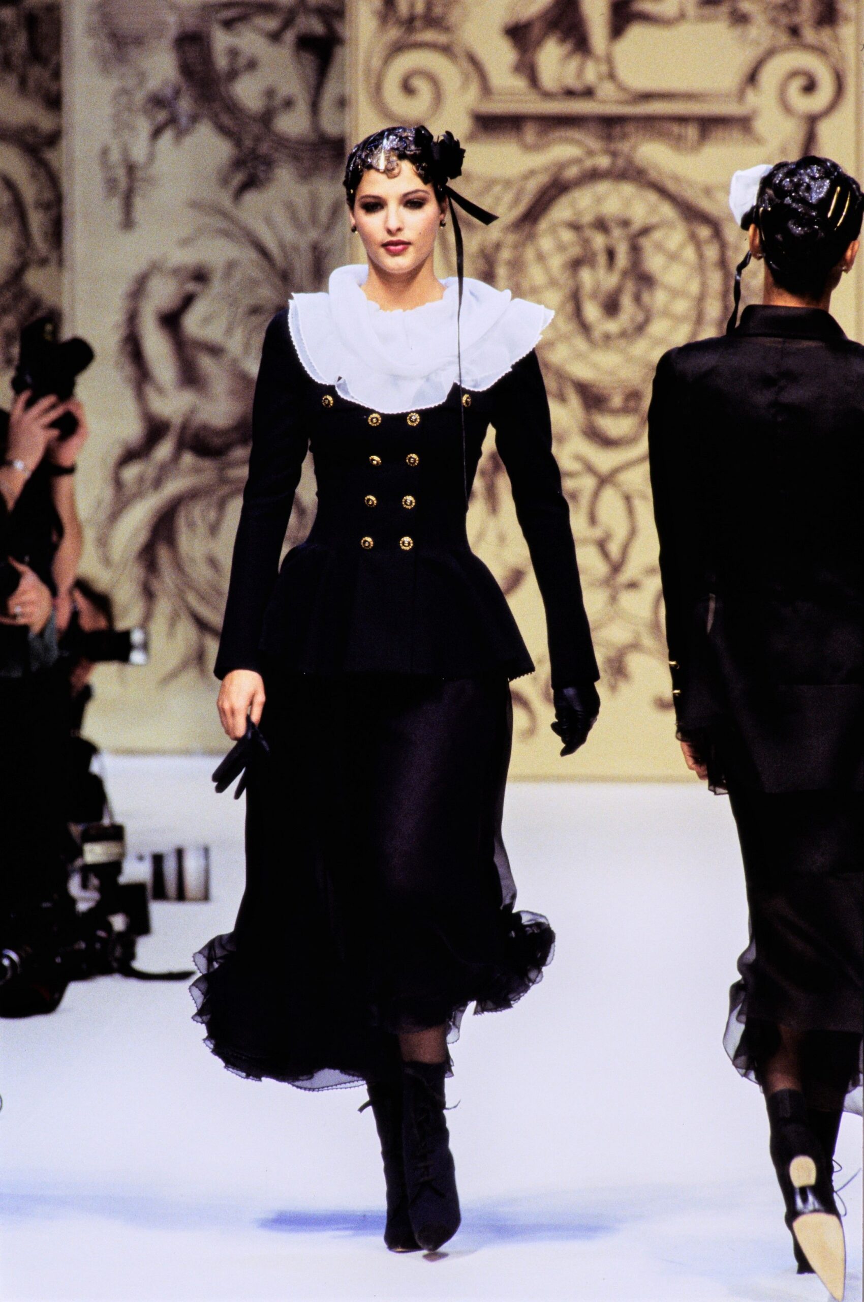 black fitted midi dress with gloves