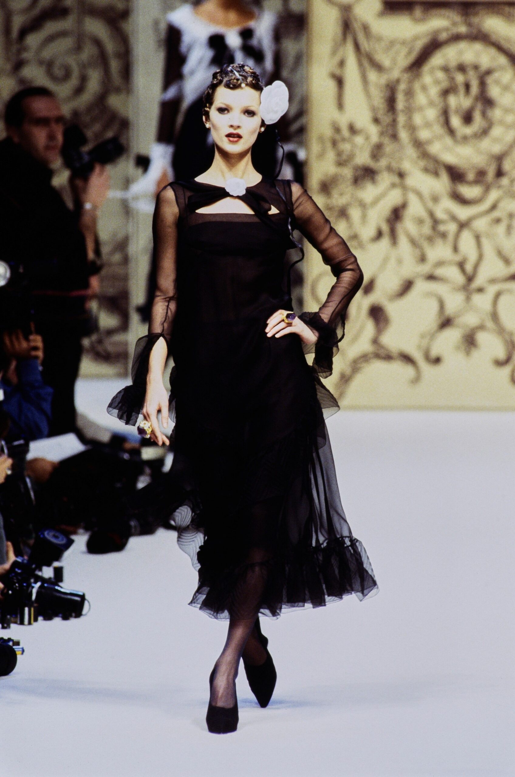 black sheer ruffled midi dress