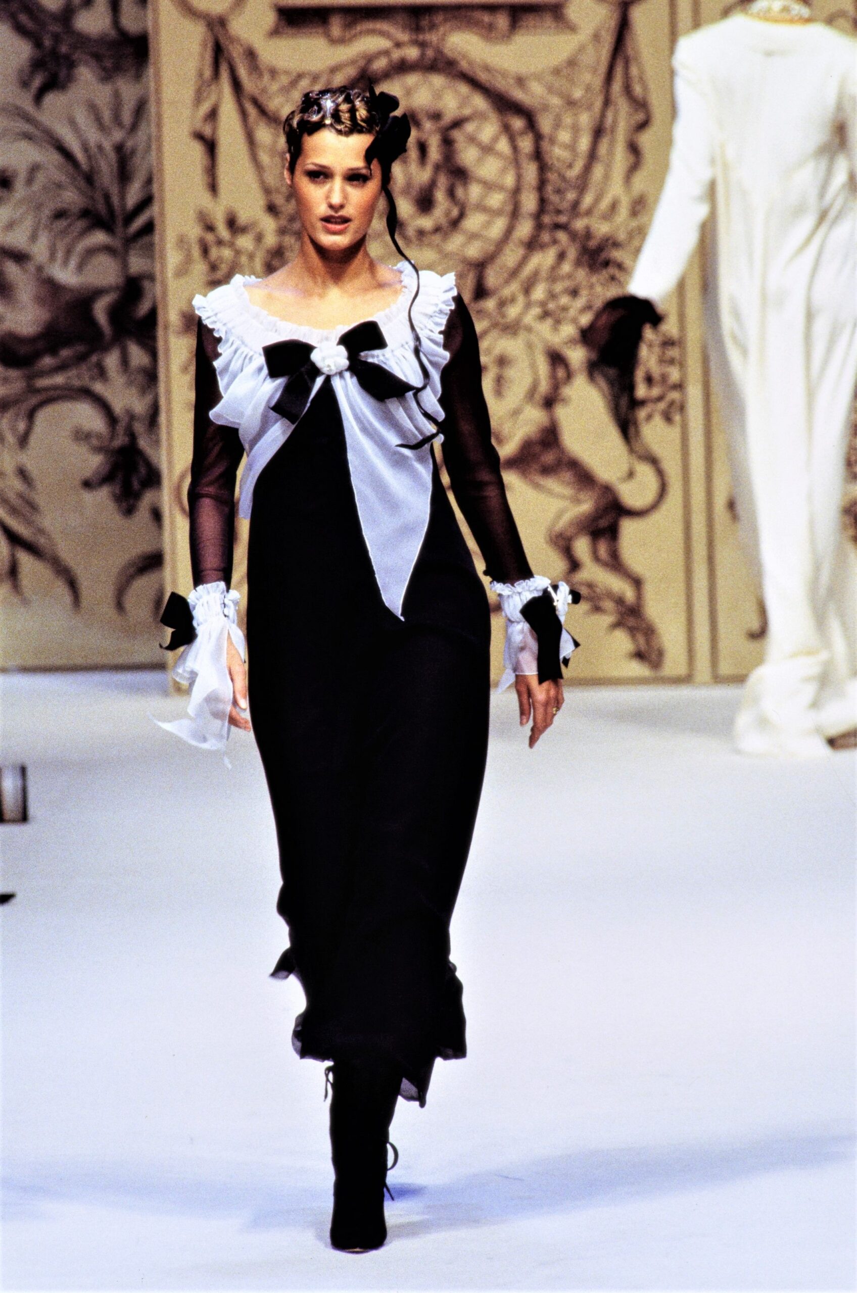 black and white ruffled maxi dress