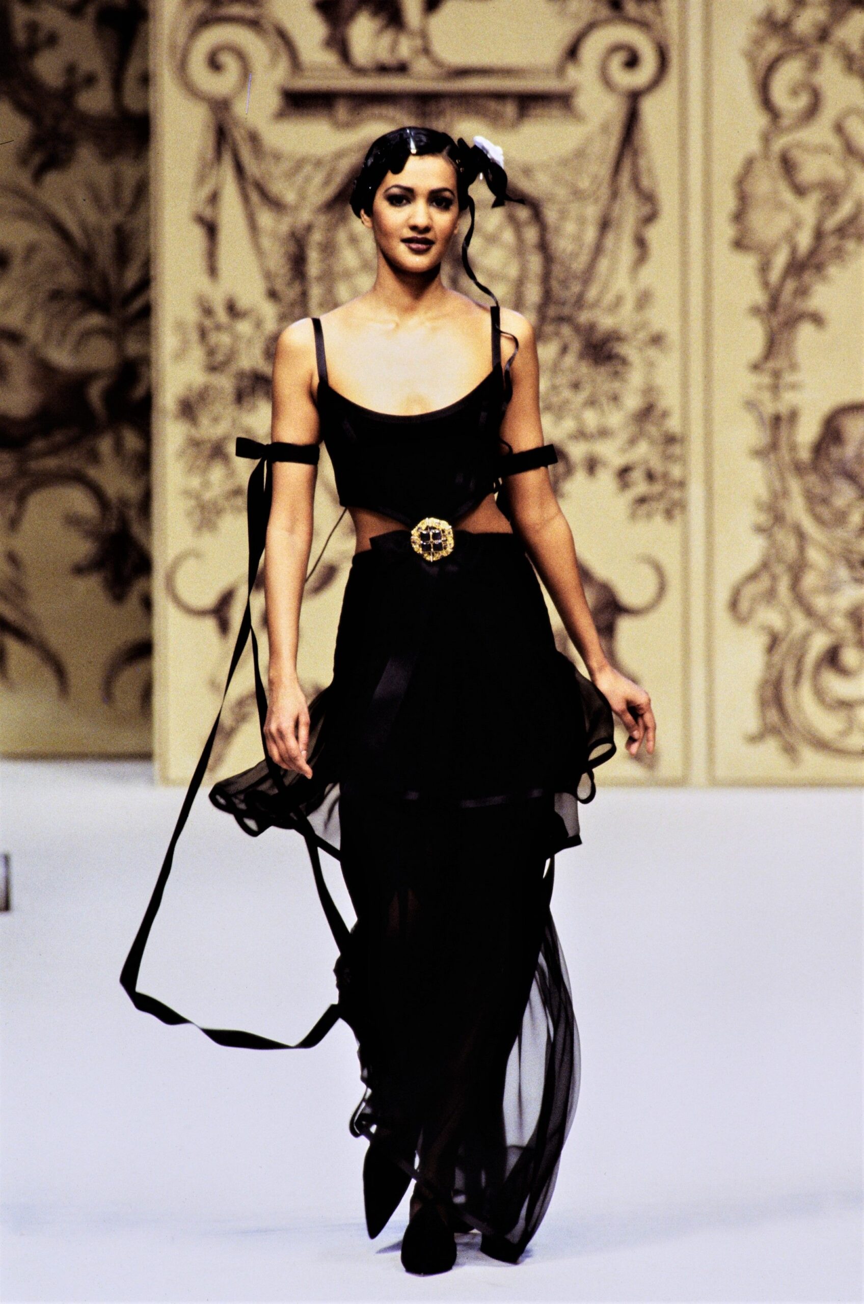 black silk sleeveless gown