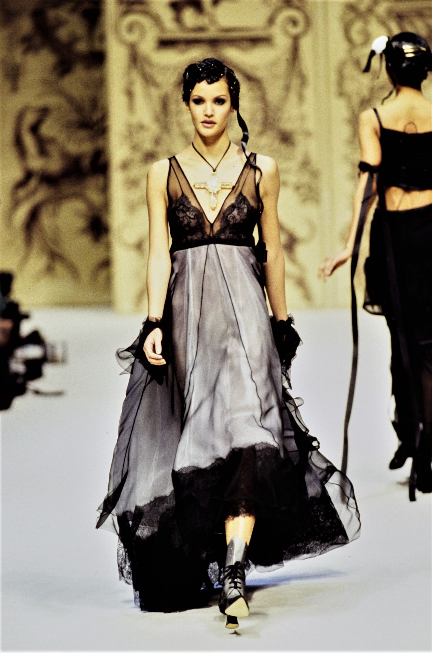 black silk sleeveless v-neck fitted layered ruffled dress