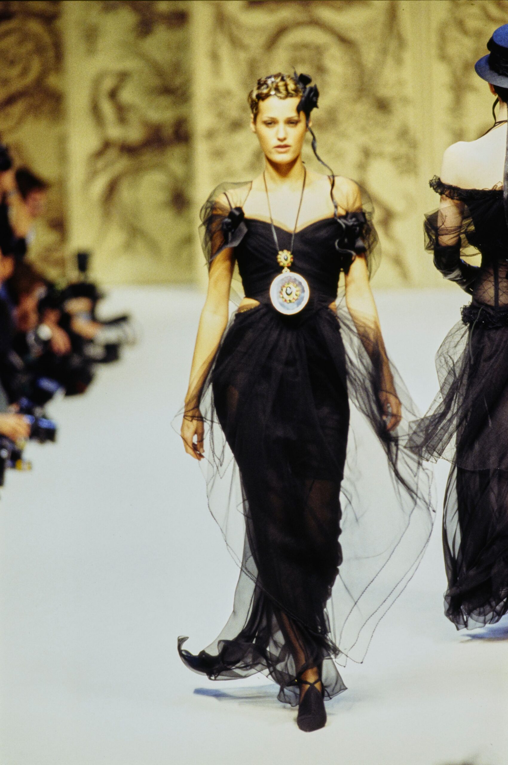 black tulle off-shoulder gown