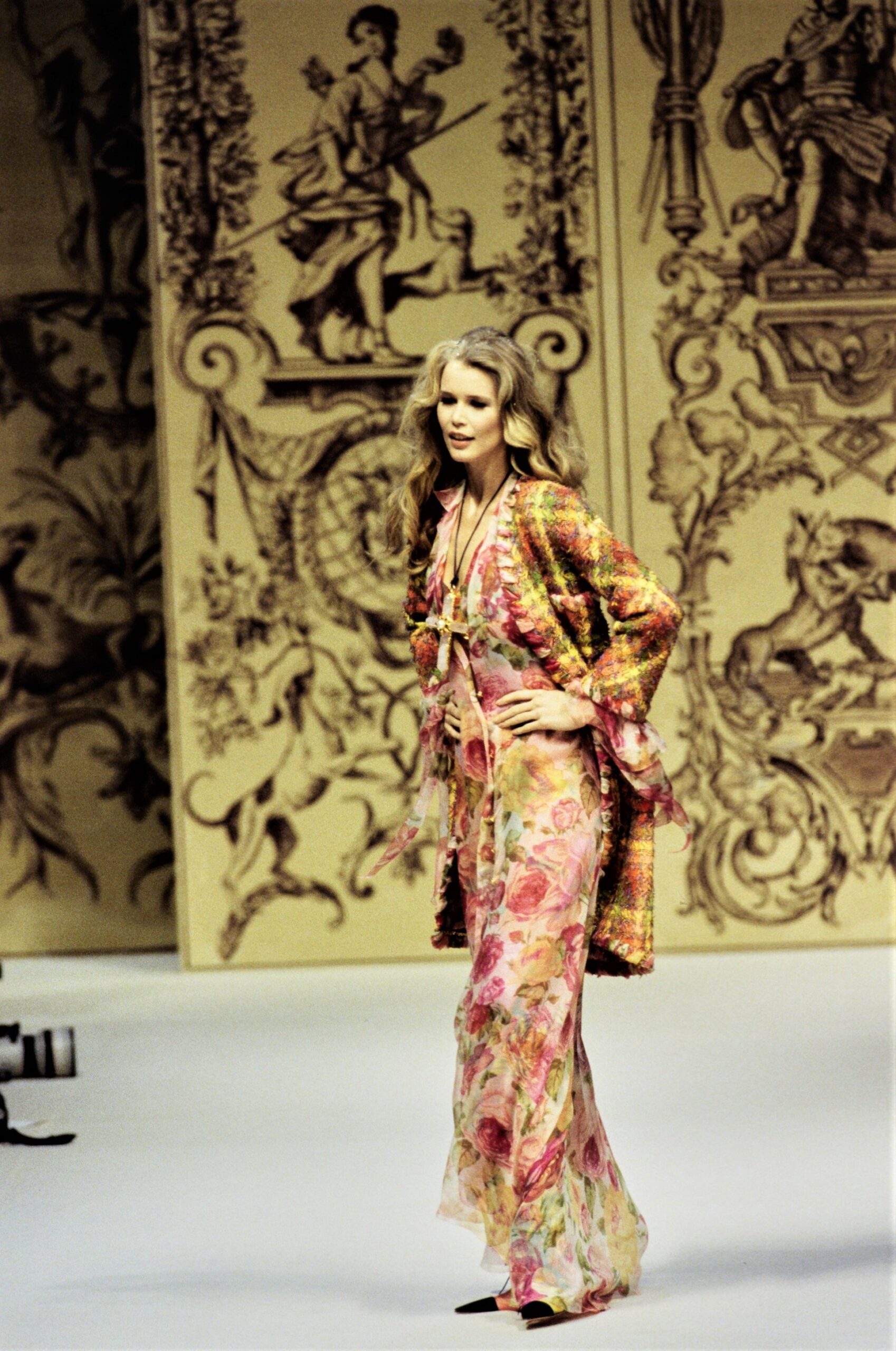 floral maxi dress with fringed coat