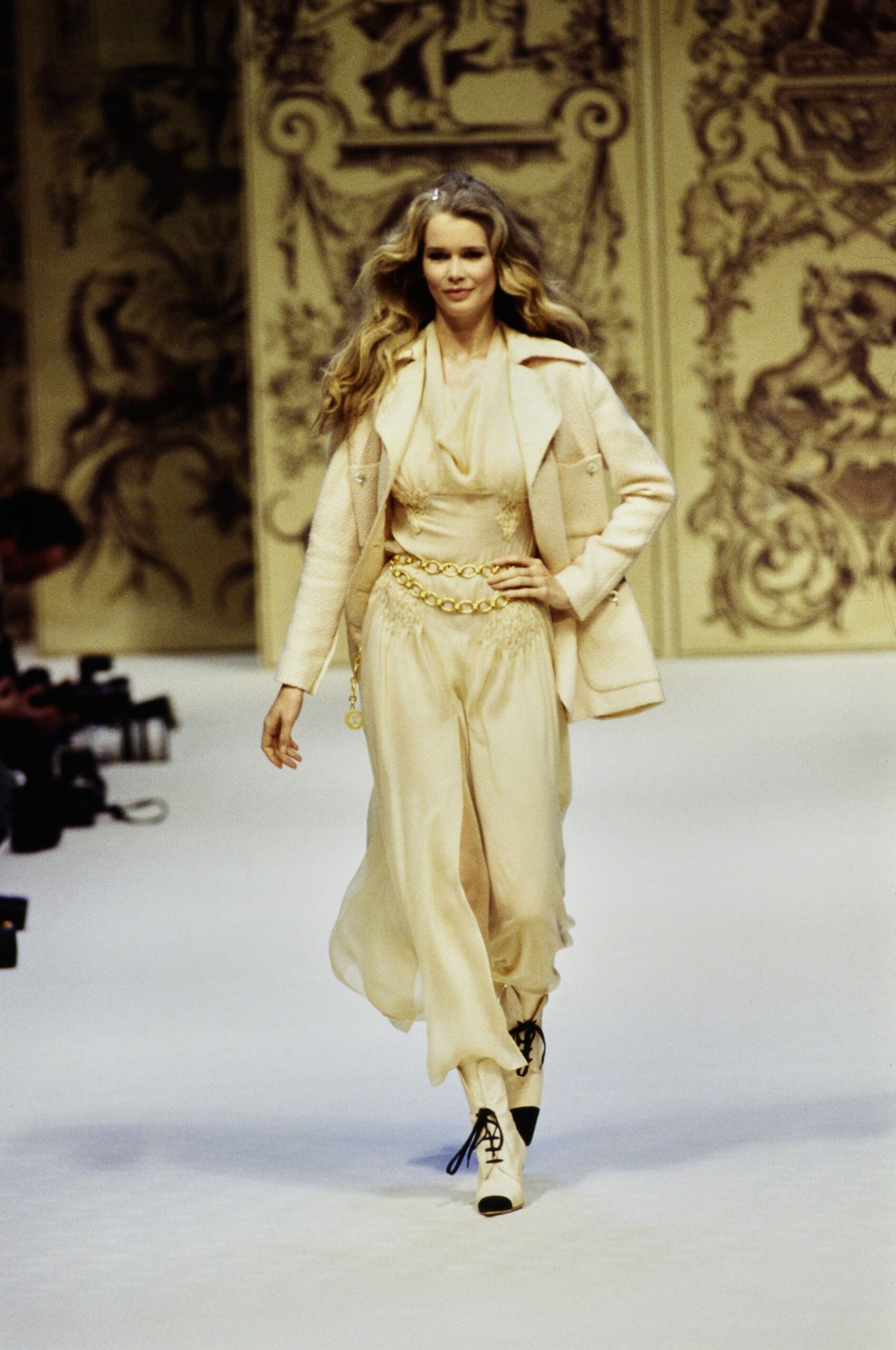 beige wool coat and ivory silk dress