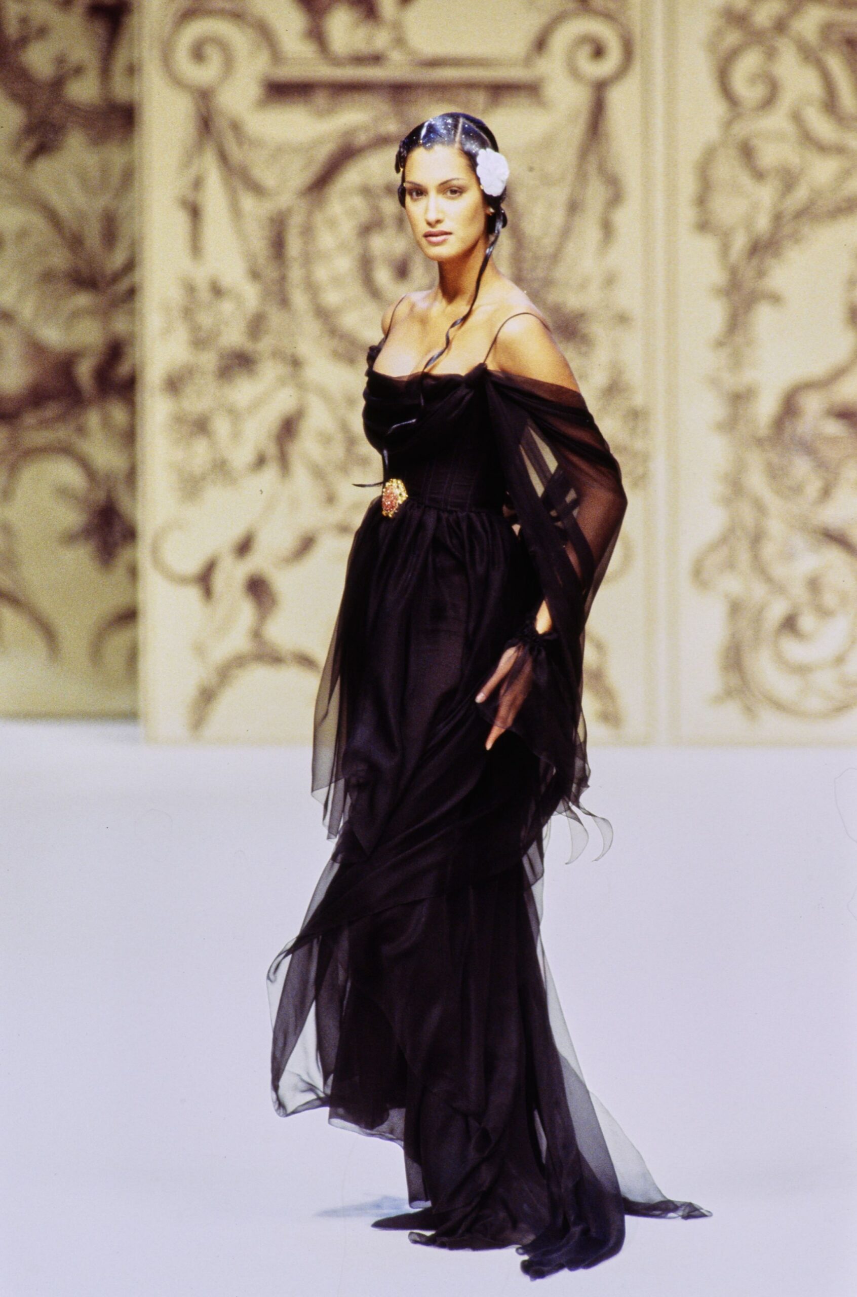 black silk off-shoulder gown